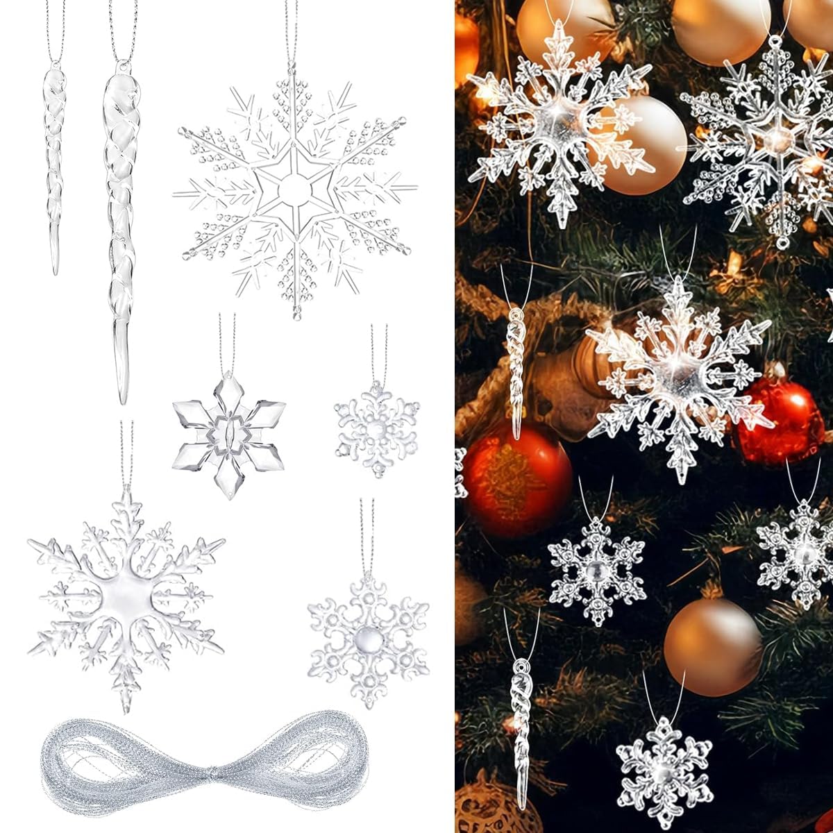 Ornamenti da appendere all'albero di Natale, 35 pezzi, piccoli cristalli acrilici, fiocco di neve trasparente