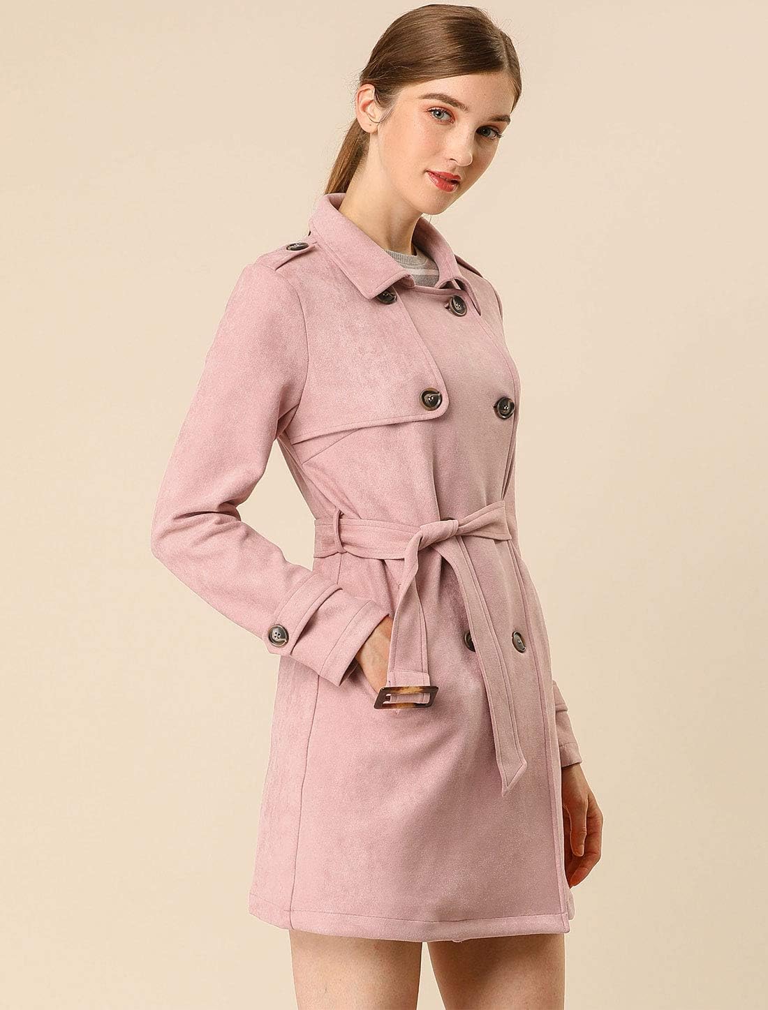 Allegra K Women's Faux Suede Trench Coat Notched Lapel Double Breasted Jacket with Belt