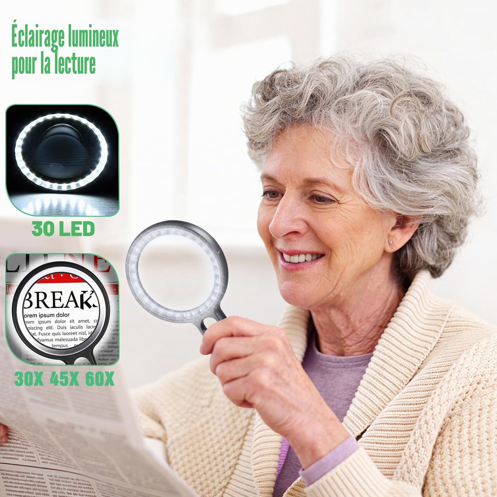 Loupe de Lecture 30X 45X 60X avec 30 Lumières LED, 2 Modes d'Éclairage pour Seniors, Malvoyant