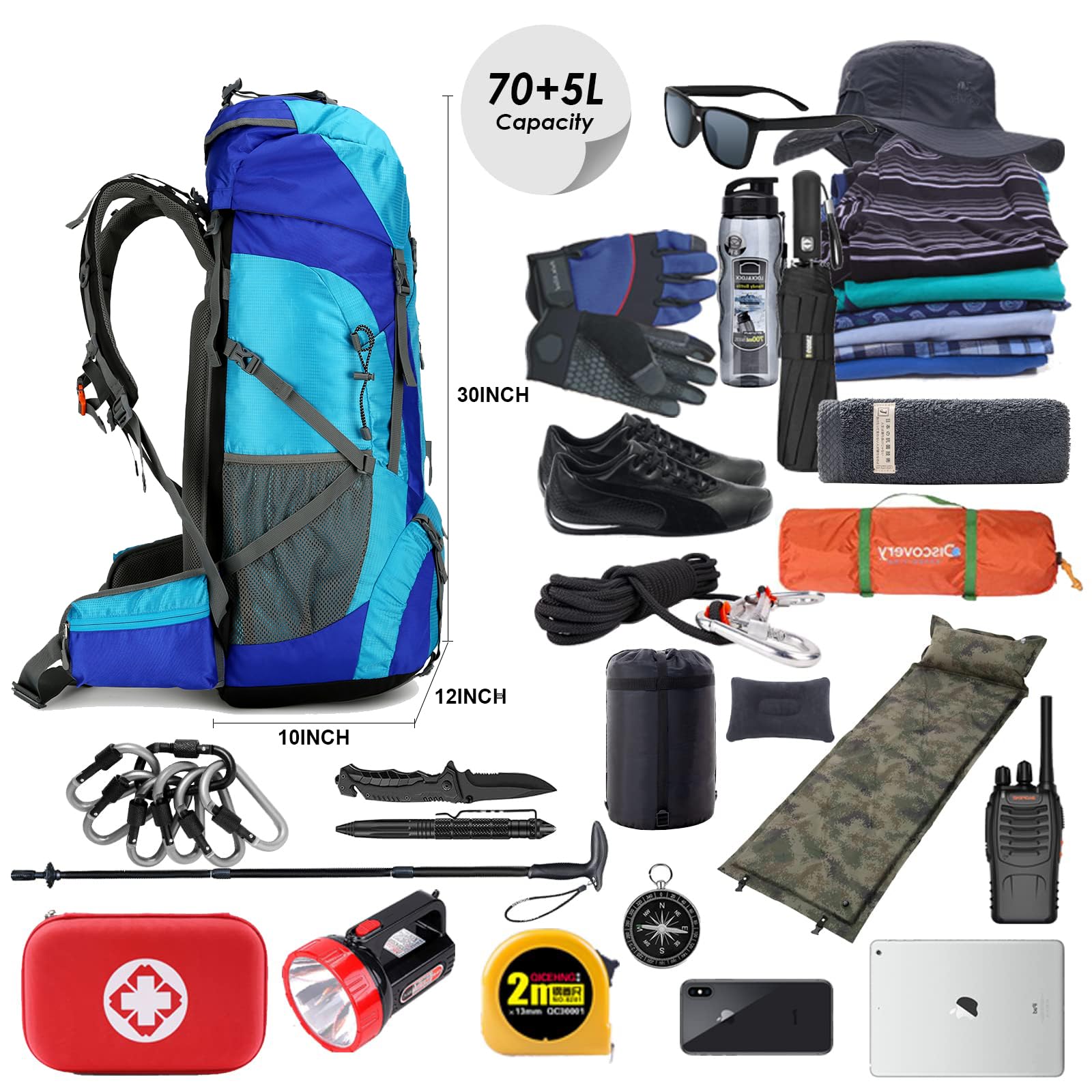 WintMing 75L Hiking Backpack with Rain Cover Waterproof Camping Backpack Shoes Warehouse for Men Women
