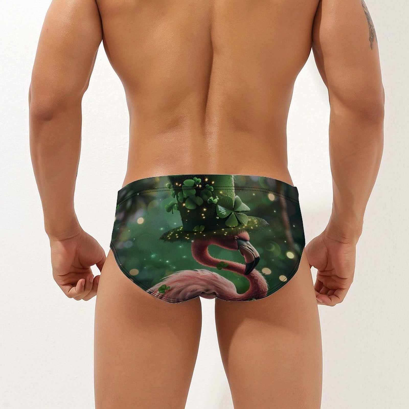 Flamingo Shamrock St Patricks Day Mens Swim Briefs Quick Dry Swim Trunk Bikini Underwear Swimsuit L