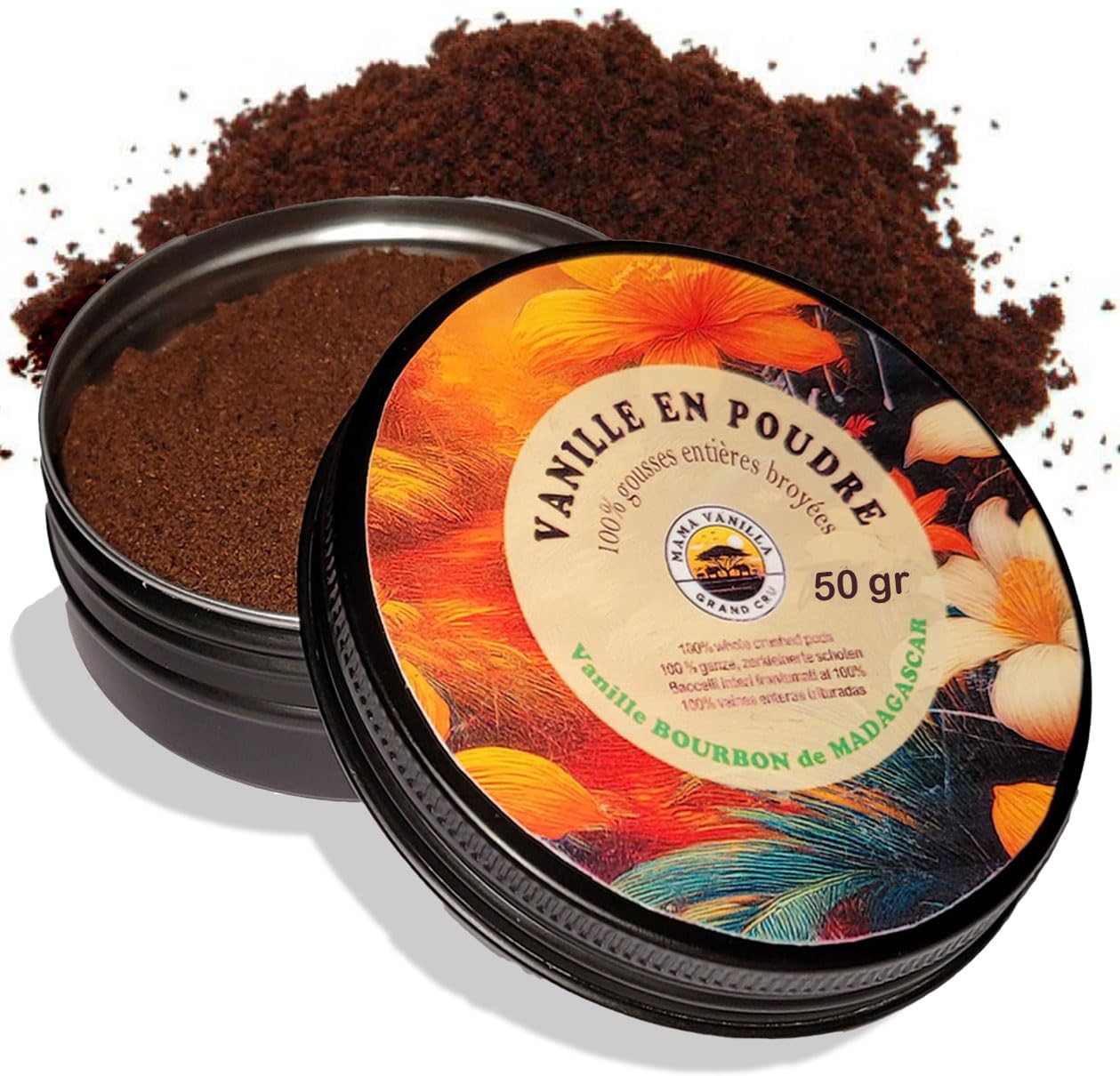 Polvere di vaniglia 100% naturale ricavata da baccelli di vaniglia interi e freschi schiacciati - Vaniglia Bourbon del Madagascar - Barattolo da 50 g - Senza additivi, senza zucchero, senza conservant