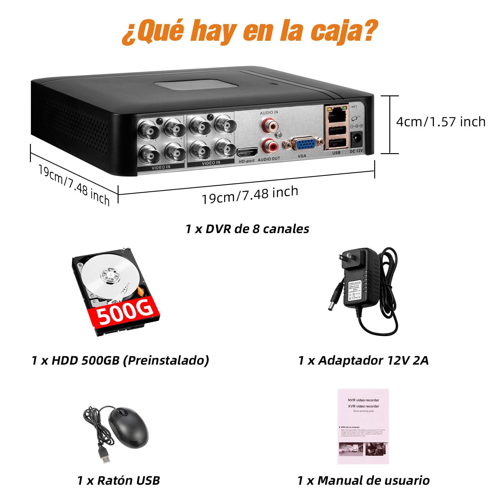 DVR de vigilancia 8 Canales H.265+ con Grabador de Video de Seguridad de 500 GB HDD, DVR híbrido 5 en 1 CCTV para cámaras IPC/AHD/TVI/XVI/CVI, DVR para Sistema de cámaras de Seguridad para el hogar