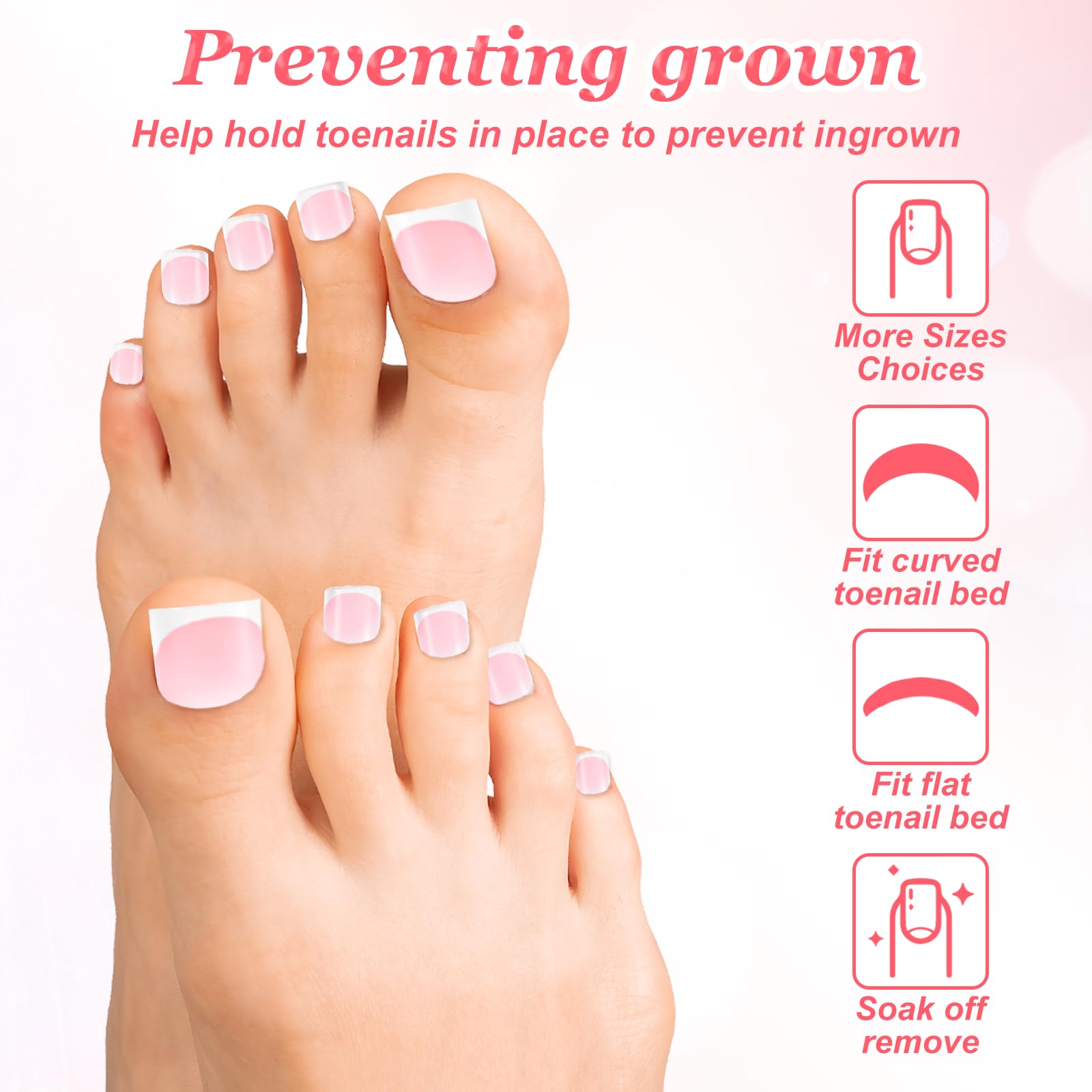 Lnngub 150 Pcs French Tip Toe Nail Press Ons,Press On Toenails for Women Pink Square Toenail Pressons Full Cover French Tip Toes Fake Toe Nails,15 Sizes - Image 3