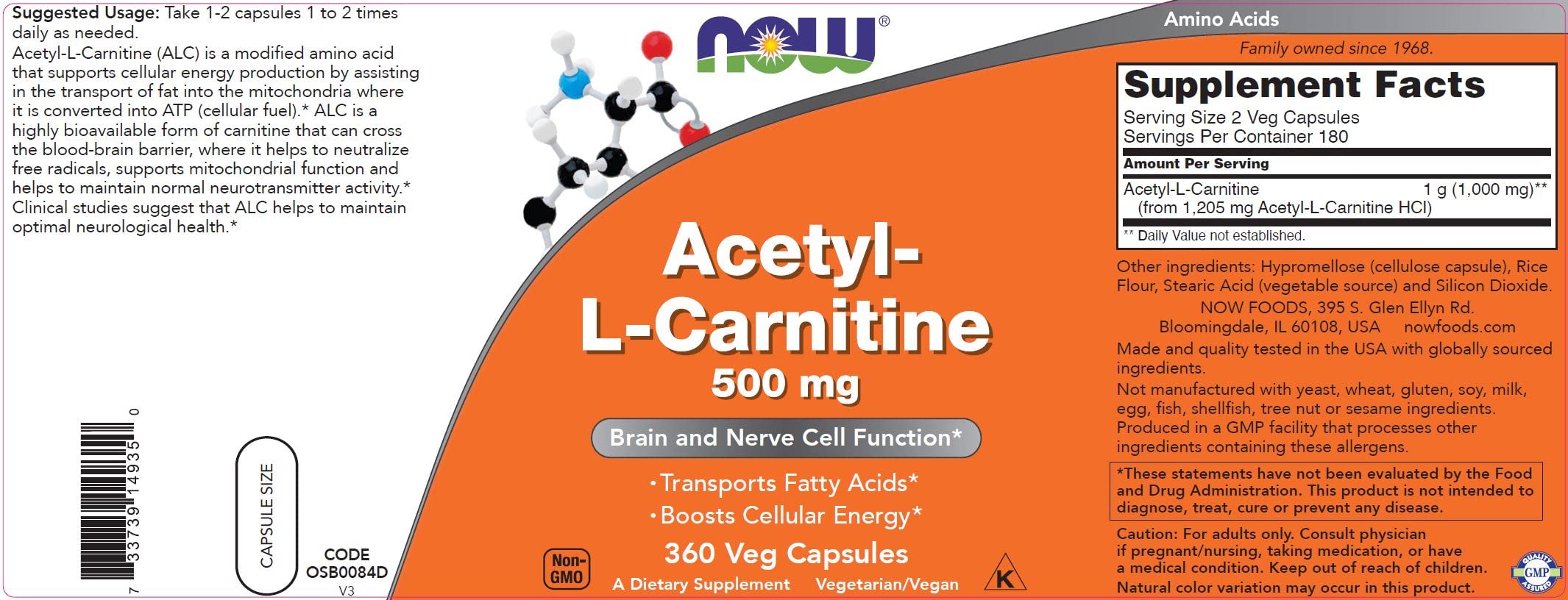 NOW Foods Now Acetyl L Carnitine 500mg, 360 Veg Capsules - Non-GMO ACL 500 mg Caps — Amazon image 5