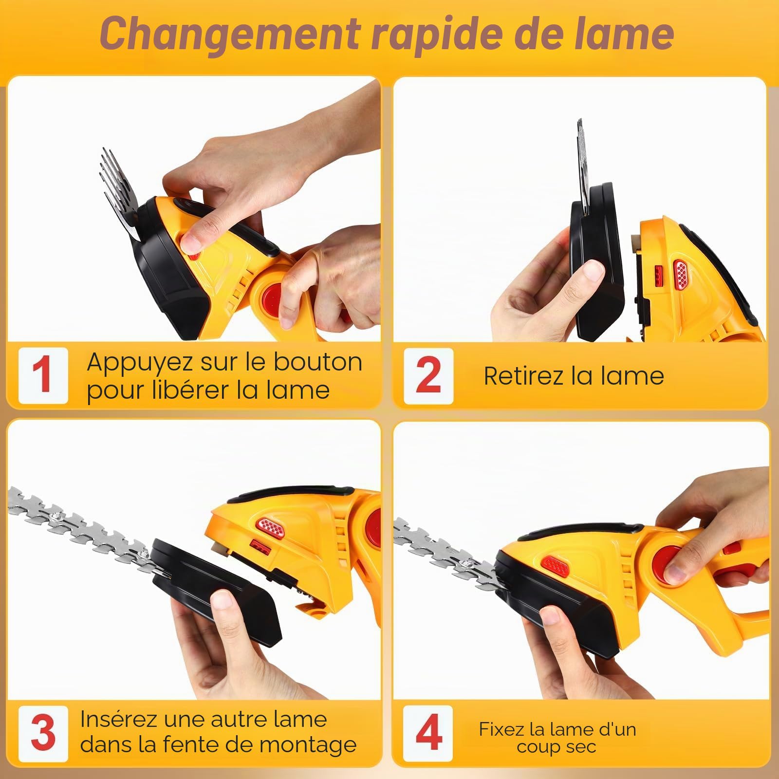 Cisaille à Gazon sans Fil, 2 en 1 Taille Haie Electrique avec 2 Lames, Longueur de Lame : 22 cm (Arbustes) / 13,2 cm (Herbe), Batterie 1500mAh et Type C, Sculpteur de Végétaux pour Couper Les Haies