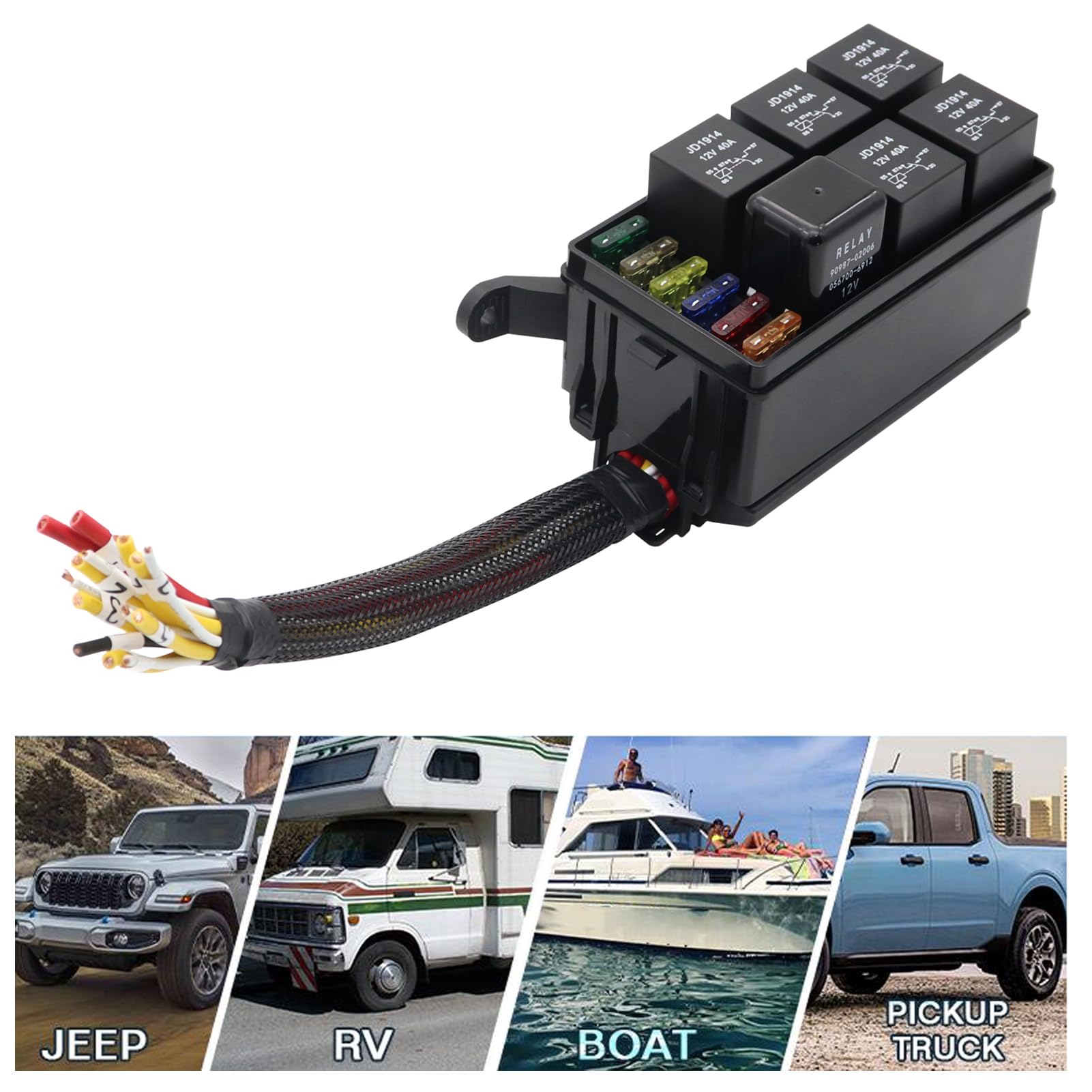 Hanzete - Blocco relè fusibile 12 Volt con relè 40A JD1914 4 pin RTT7121, 6 portafusibili ATC/ATO, scatola relè con cablaggio fusibile impermeabile e scatola relè per auto, camion, barche