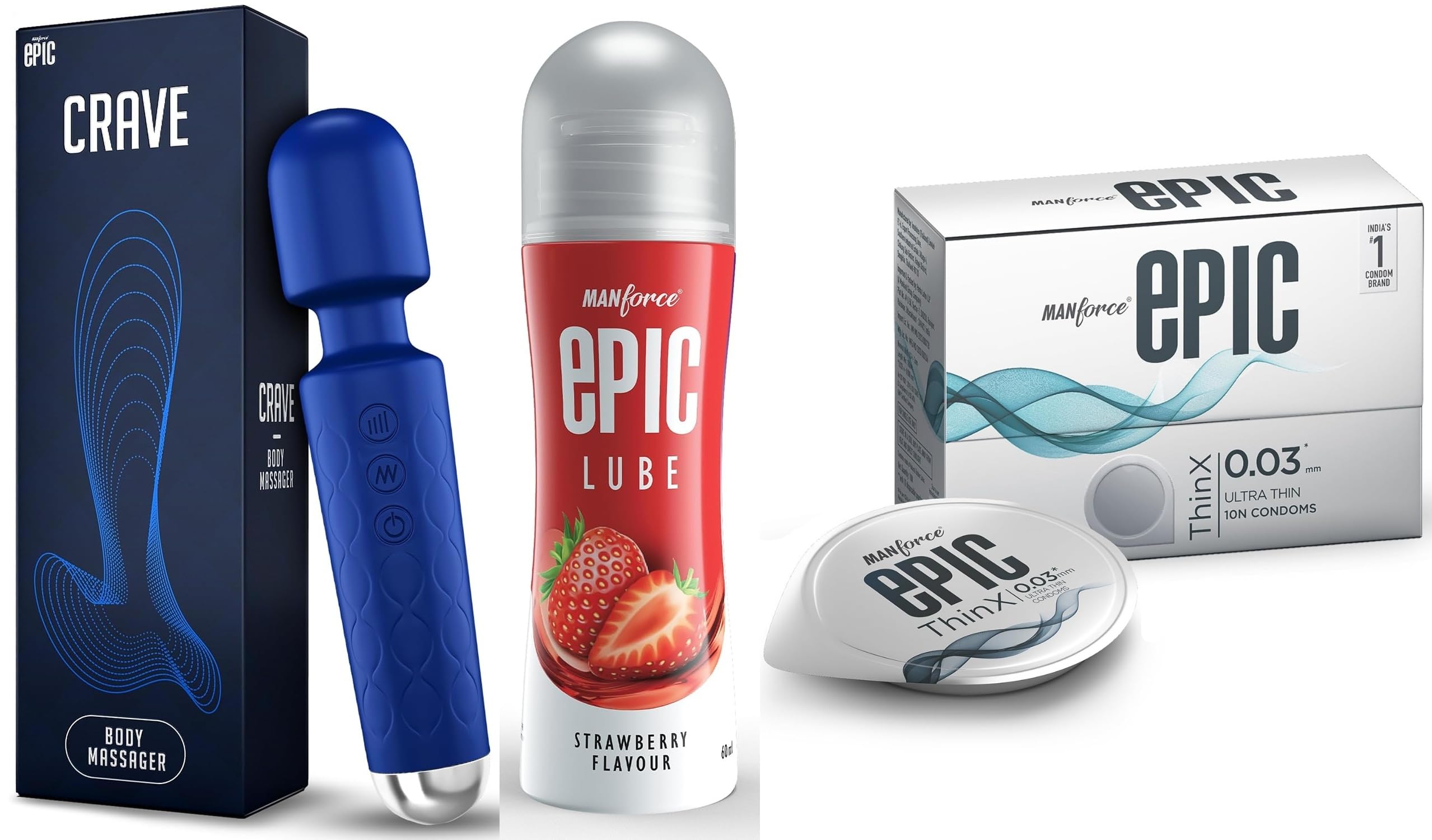 Manforce Epic Crave Massager | 20 Vibration Modes,Epic Lube | Strawberry | 60ml | Water-based & Epic ThinX | Ultra Thin Condoms with Easy Peel Pack | 10 Pcs-image-36