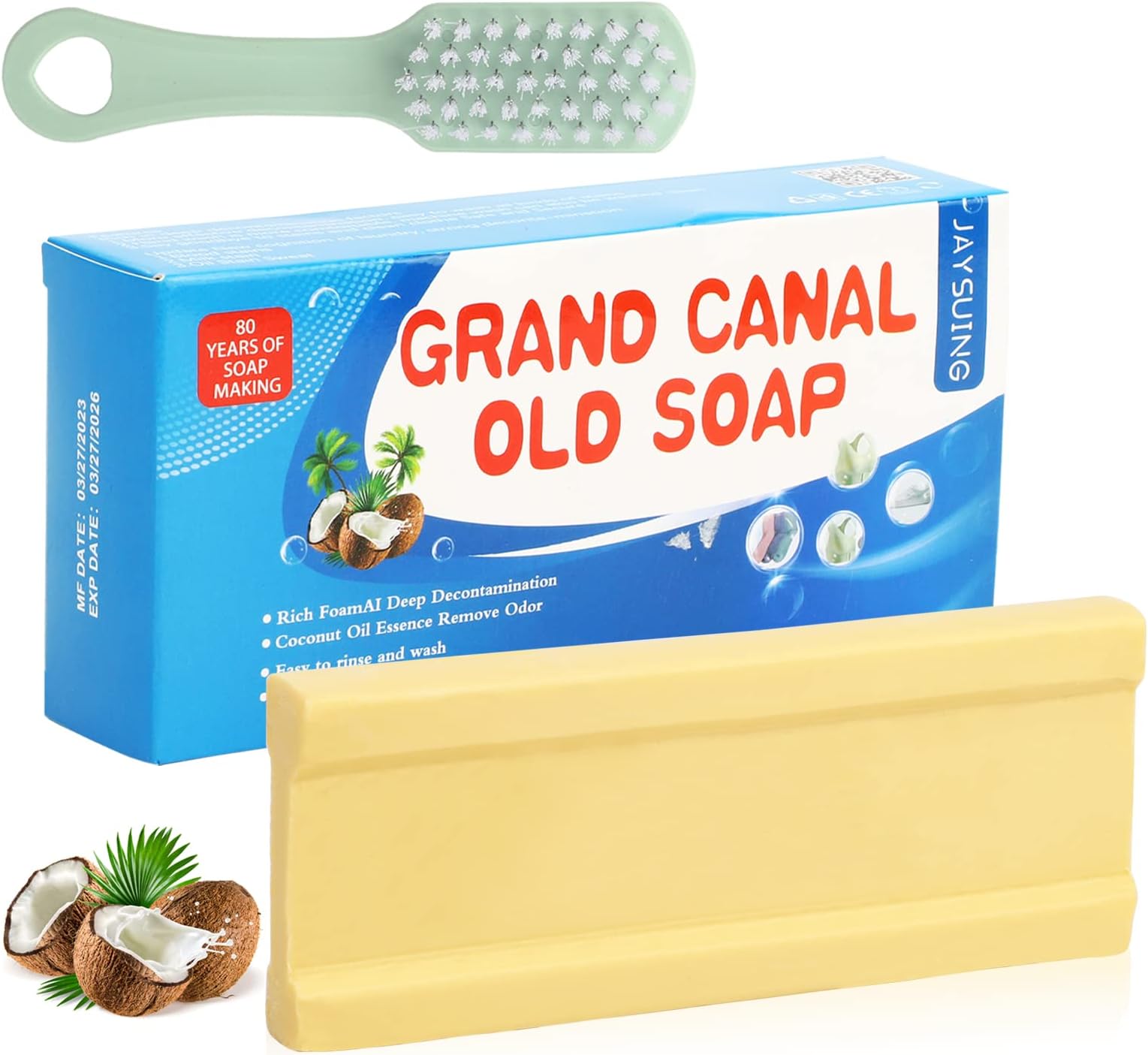 Grand Canal Old Soap & Brush, Powerful Stain Remover Laundry Soap Bar, Non-Additivewhitening Underwear Cleaning Soap Suitable For All Clothing, Long-Lasting Fragrance for Hand Washing Clothes