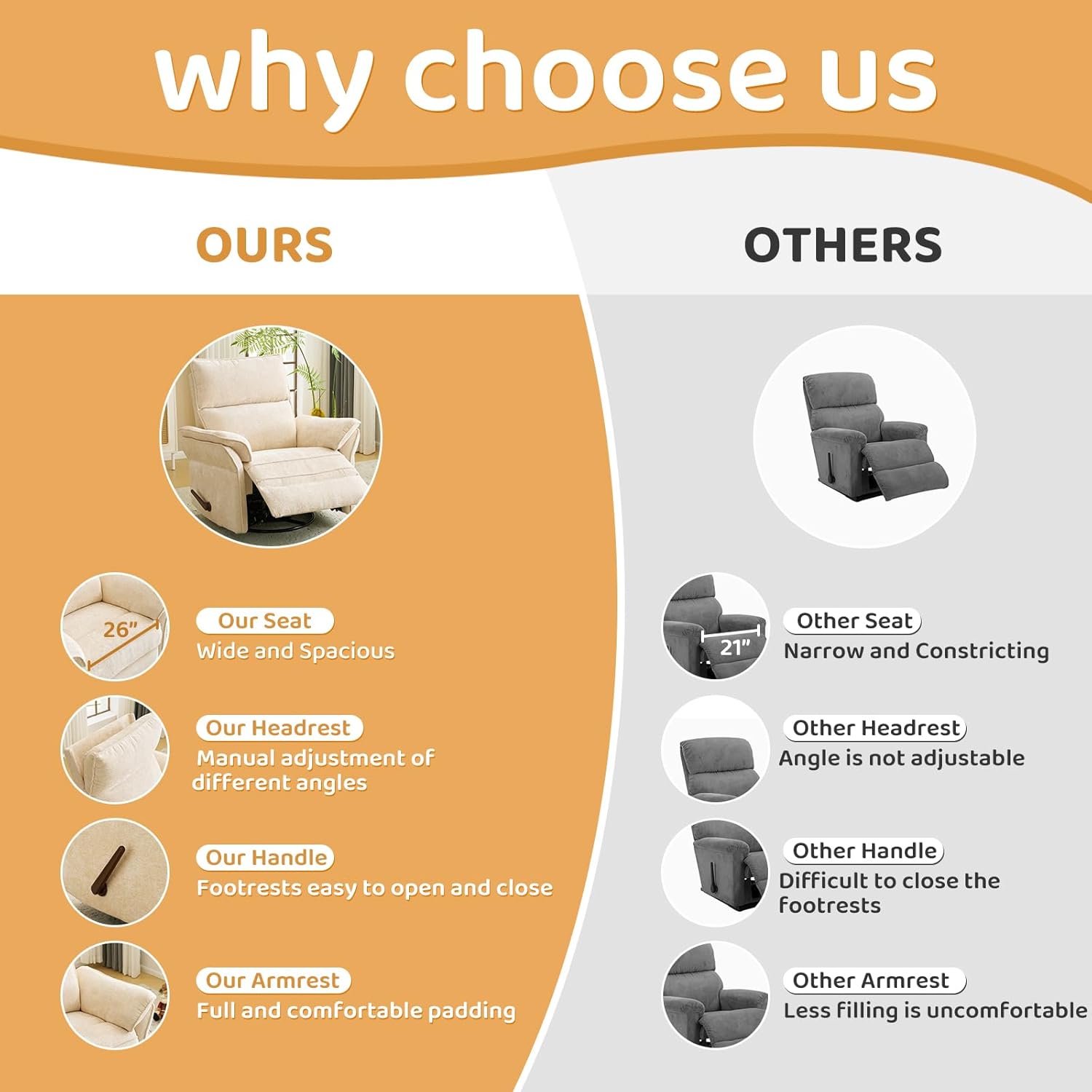 Oversized Rocking Chair Nursery with Adjustable Headrest, 26" Wide Swivel Rocker Recliner Nuresry Chair with Overstuffed Armrest,Manual Rocker Recliner for Nursery,Beige