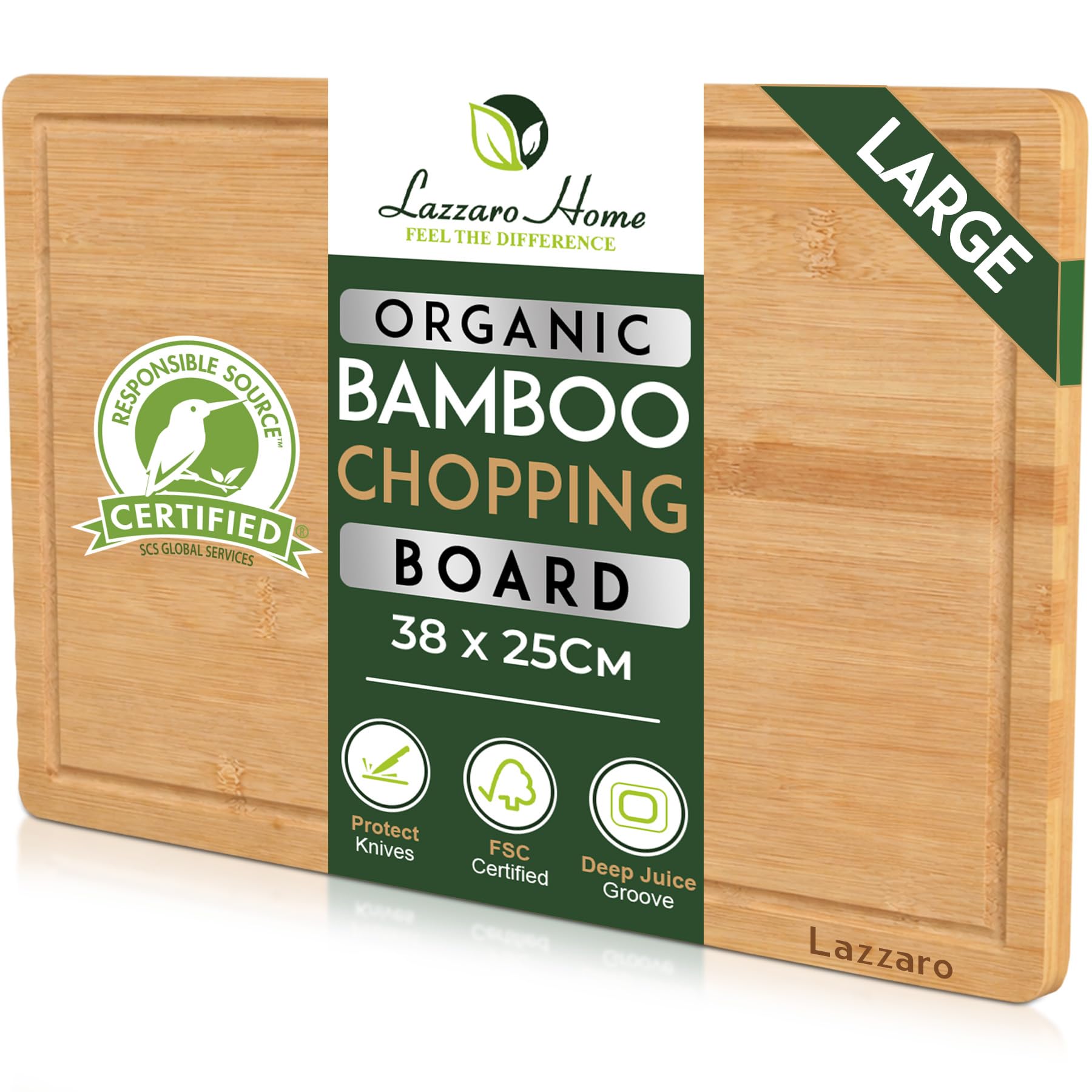 Lazzaro Bamboo Chopping Board Large (38 x 25 x 2cm) - Wooden Cutting Board, Double Sided Kitchen Chopping Board for Meat, Fish, Vegetables, Fruit, Bread & Cheese