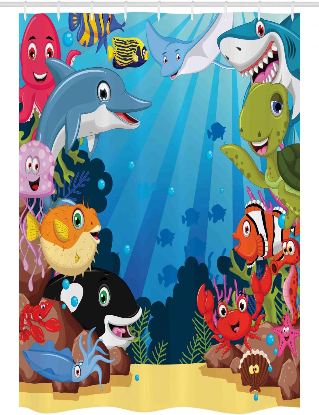 Ambesonne Whale Stall Shower Curtain, Colorful Underwater Sandy Ground Cartoon Shark Fin Sea Plants Art Print, Fabric Bathroom Decor Set with Hooks, 54" W x 78" L, Sky Blue Hot Pink Orange