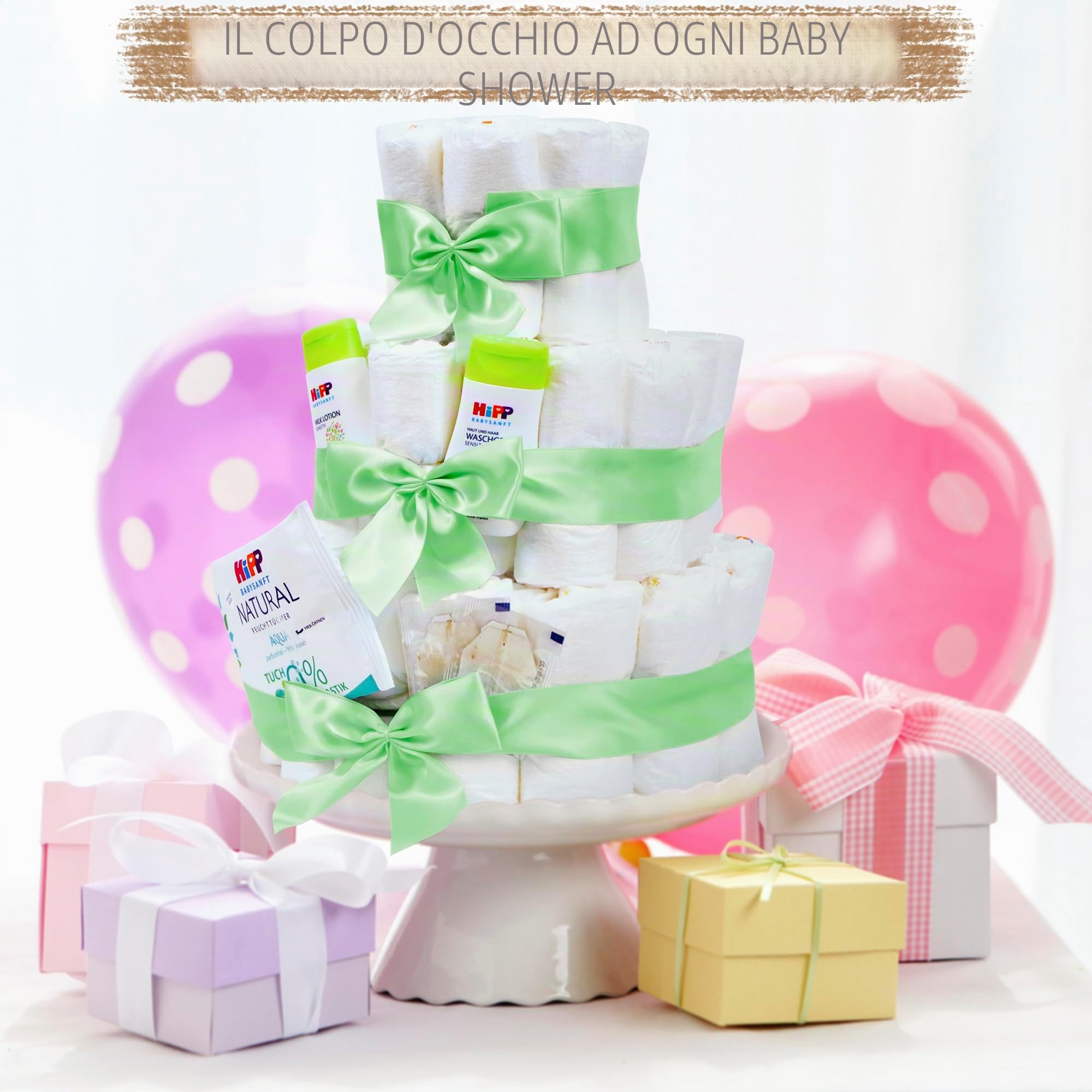 MilaBoo® Torta di pannolini neutra a 3 piani con prodotti premium di I, regalo speciale per la nascita (verde a 3 piani)