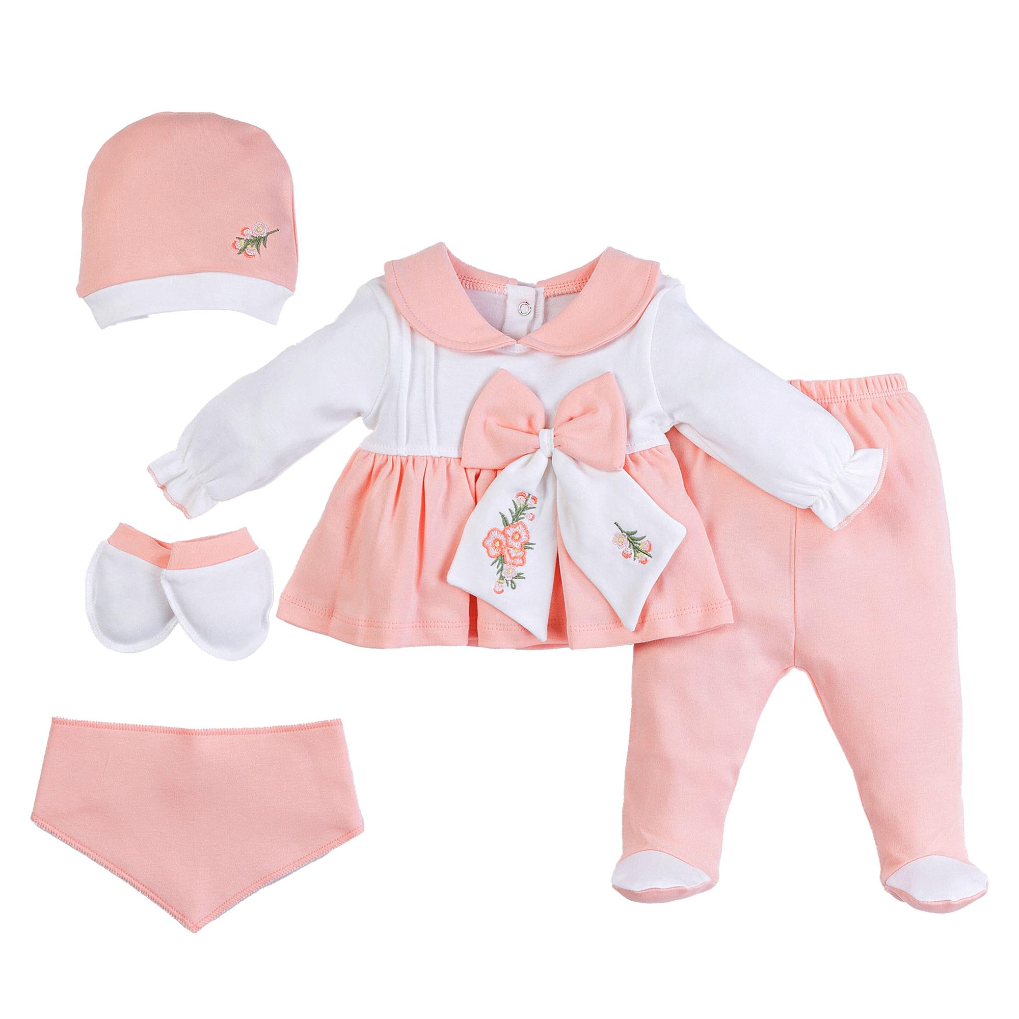 Lunanest Baby Geschenkset 5-teilig aus Baumwolle - Neugeborenen Erstausstattung mit Body, Hose, Mütze, Lätzchen & Handschuhen | Für Mädchen & Jungen 0–6 Monate (Blumen-Set)