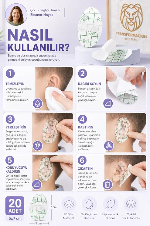 Transformacion 20 Adet Bebek Çocuk Banyo Kulak Koruyucu Bant Su Geçirmez Duş Havuz Koruma Bandı 5x7 cm 718095