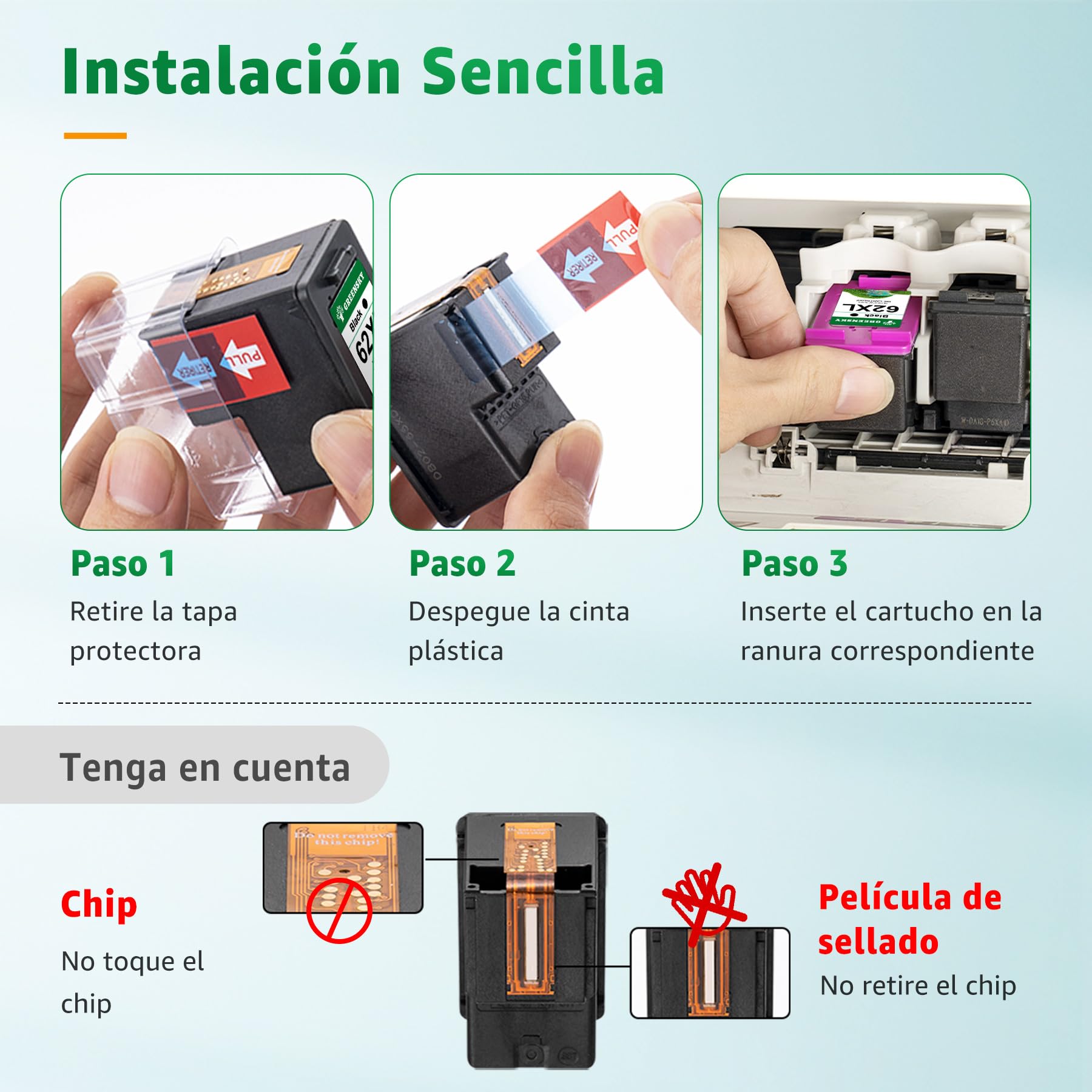 GREENSKY 62XL Cartuchos de Tinta remanufacturados Negro y Color para HP 62 | Multipack para HP Envy 5646 5640 5540 5544 Officejet 5740 5744 200 250