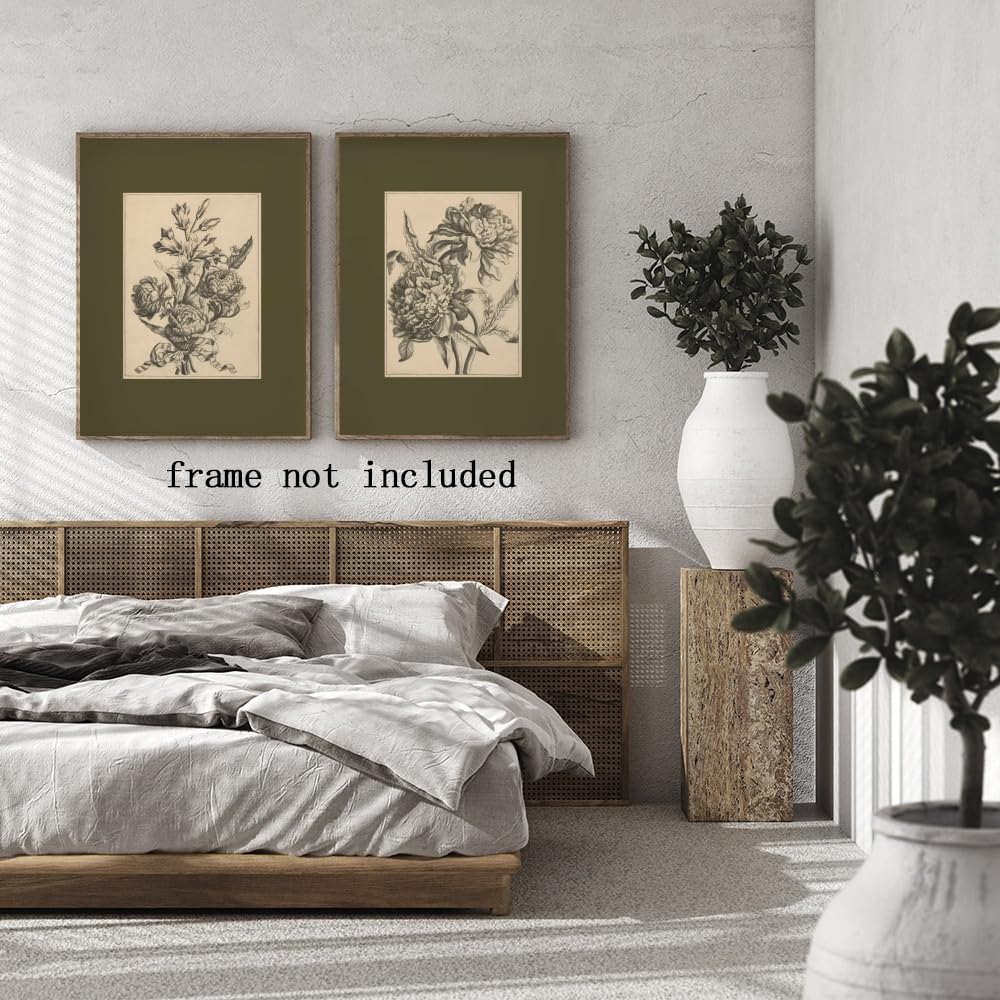Set of 2 Flower Sketch Prints Sage Green Wall Art Vintage Etchings Dark Green Botanical Canvas Poster Antique Floral Drawing Art Wall Decor for Study Library Living Room 16x24inch Unframed
