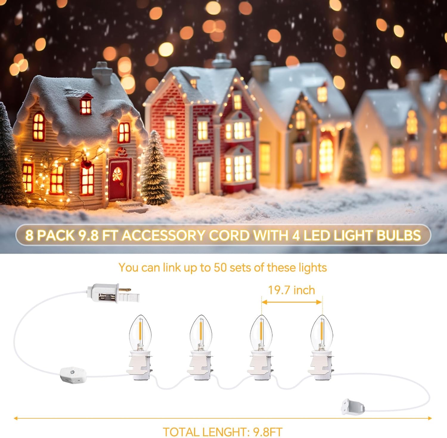 Meonum 8 Pack Accessory Cord with 4 LED Light Bulbs 9.8 FT Lamp White Cord C7 Bulb String Lights End-to-End Connectable On/Off Switch Plugs for Christmas Village Craft Halloween Ceramic Decor