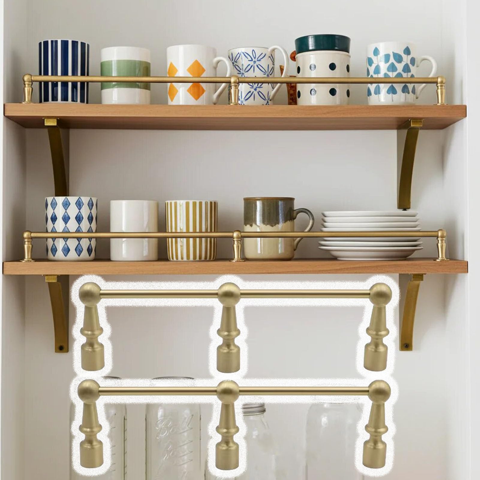 MESCXTY 2 pcs Brass Shelf Rail with 3 Spindles, 8-38 in Long Floating Railing Rod, Cabinet Fence Decorative Guardrail for Glassware, Collectibles(Style B,28in/71cm)