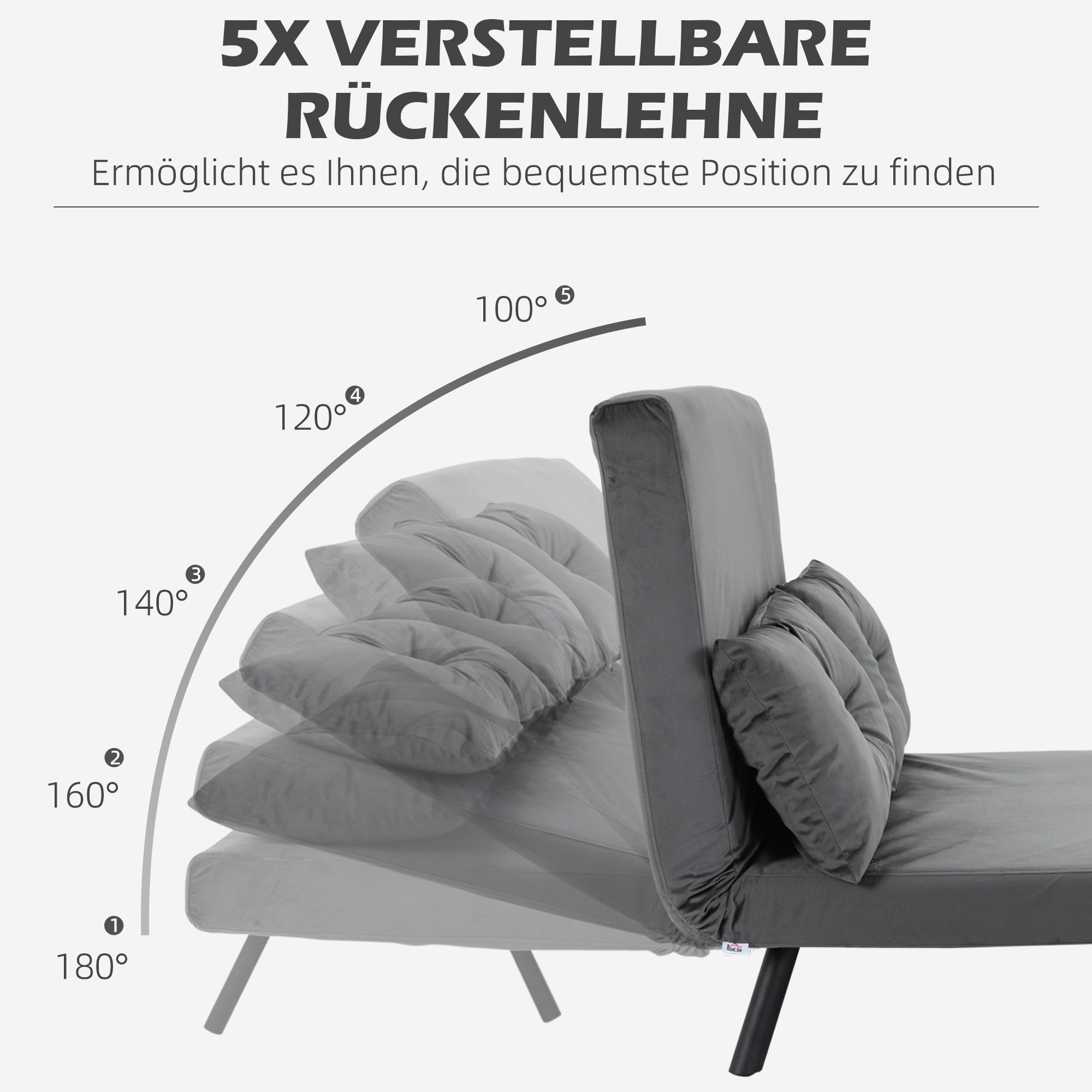 HOMCOM Schlafsofa 4 in 1 2 Sitzer Sofa mit Schlaffunktion, 183 x 98,5 cm Klappbar Couch Schlafcouch mit 5-stufig Verstellbarer Rückenlehne, Lendenkissen und Samtoptik für Wohnzimmer, Dunkelgrau
