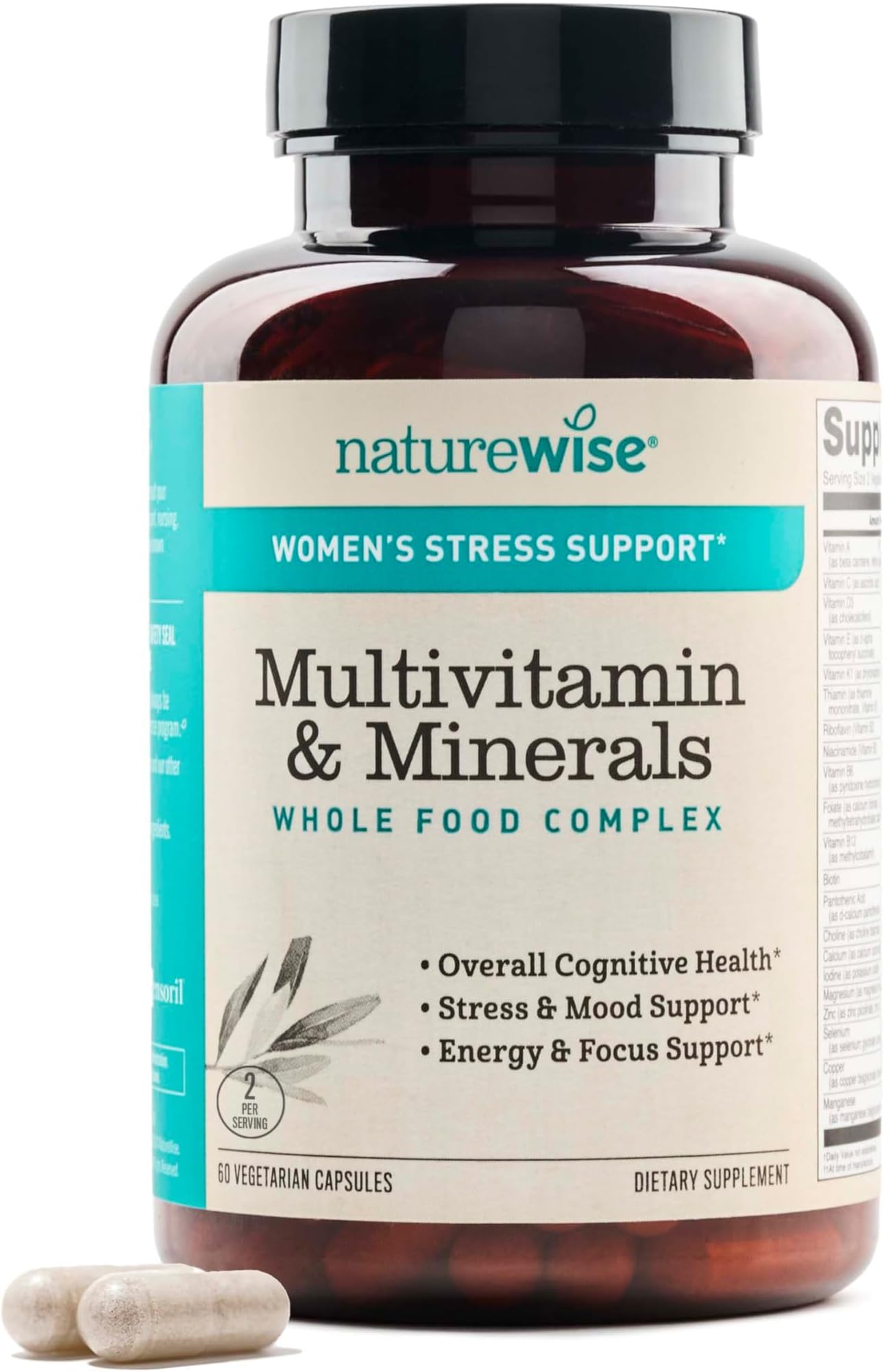 NatureWise Multivitamin for Women + Stress Support with Organic Whole Foods & Natural Minerals - B-Complex + Vitamin C + D3 K2 for Immunity, Hair, Skin & Nails - Non-GMO - 60 Capsules[30-Day Supply]