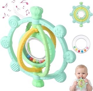 Baby Ring Teething Toys with Rattle for 3 Months+, BPA-Free, Green | Easy to Grip Silicone Sensory Teether Toys, with 360° Textured Bumps for Gum Massage, Boys Girls Gift