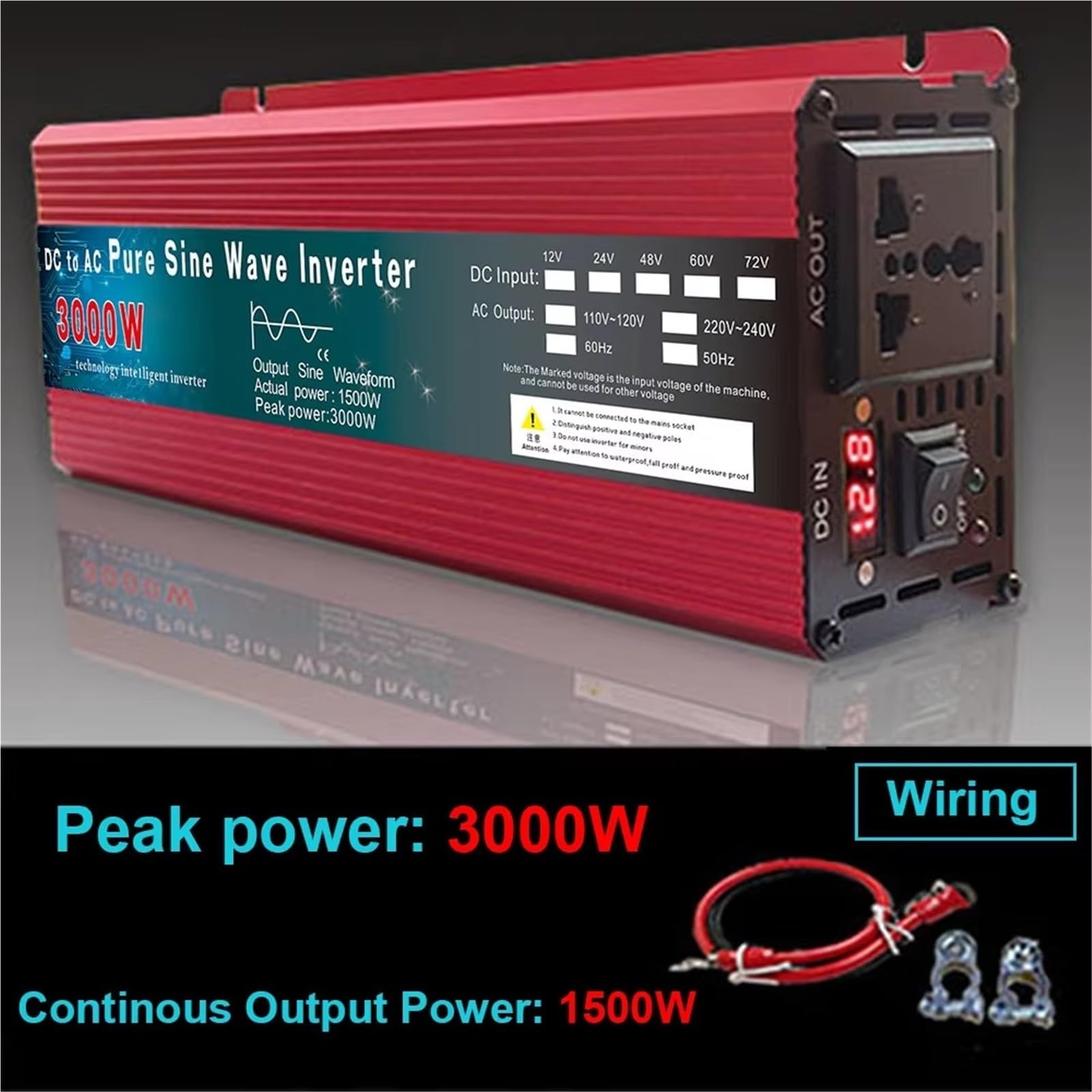 Falownik 1000 W, 1600 W, 2200 W, 3000 W, DC 24 V, 48 V, 60 V na AC 110-120 V, 60 Hz, czysta fala sinusoidalna, samochodowy mikroinwerter, ładowarka samochodowa DIY, falownik (60 V,