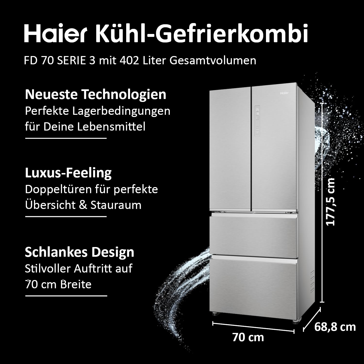 Haier French Door Kühl-Gefrierkombination 70 cm 402 L No Frost LED Touch-Display FD 70 SERIE 3 HFR3718ENMM