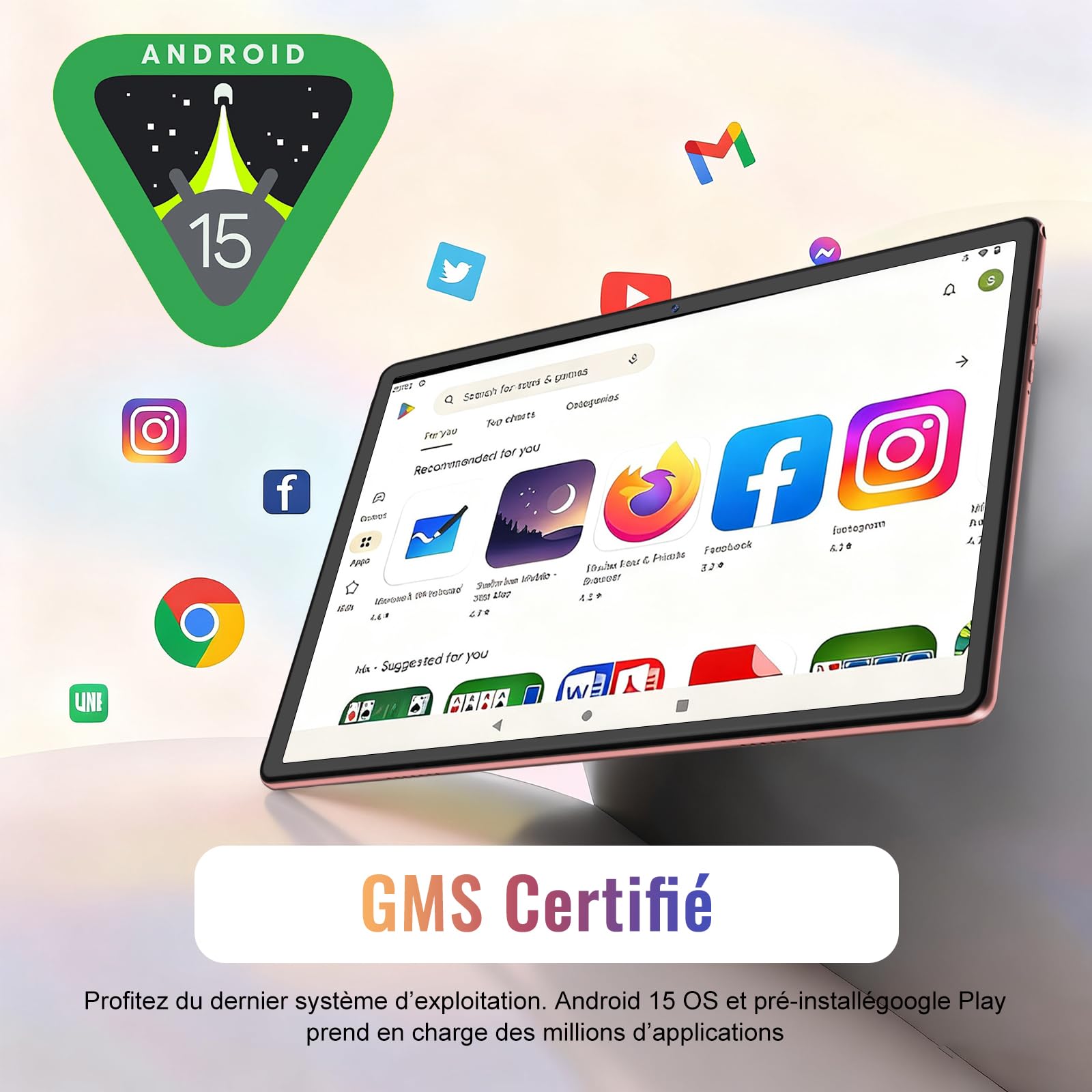 Gemini AI Tablet Android 15 10 Pulgadas 64GB ROM Octa-Core 5G WiFi 6 Widevine L1 GMS Bluetooth 5.0 1280x800 FHD IPS con Teclado y Ratón Rosa