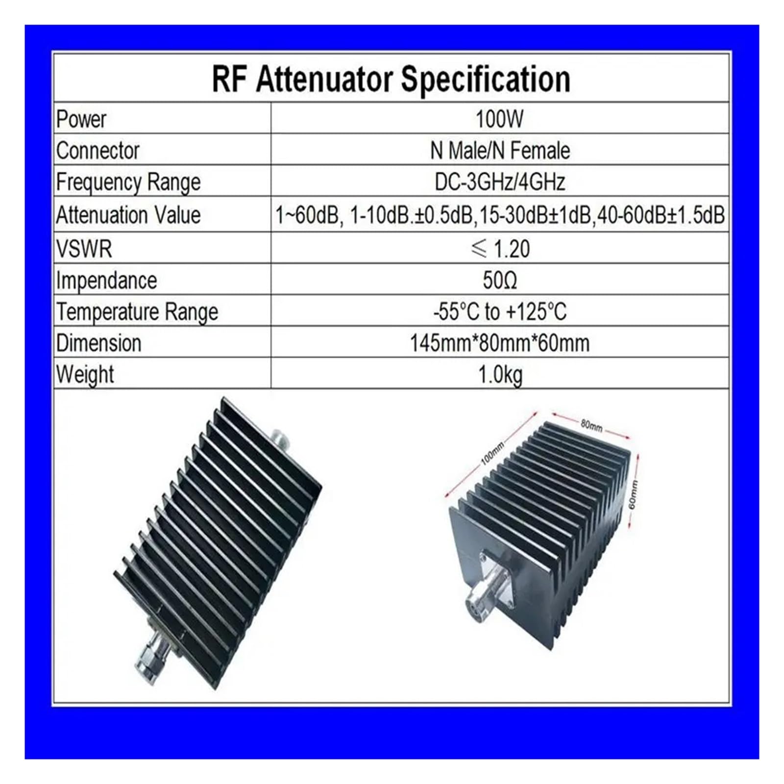 Attenuatore tipo N da 100 W DC-3Ghz/4Ghz 1db~60db Spina maschio a jack femmina RF coassiale 50ohm Accessorio ad alta potenza(3db,4G)
