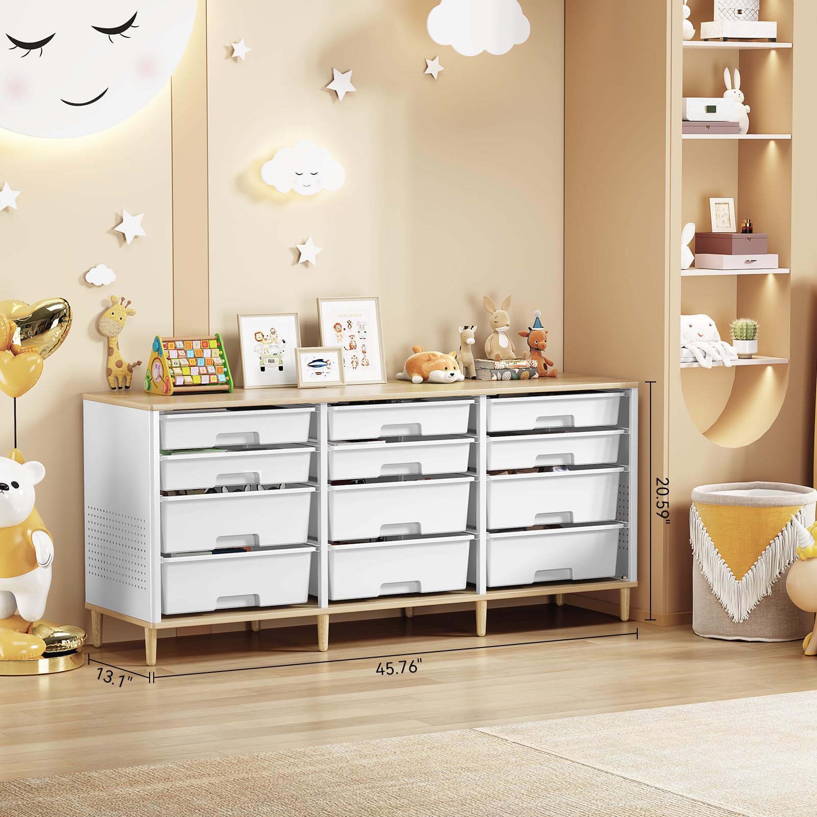 Storage Cabinet with 12 Drawers, Home Storage With Wooden Tabletop, Cube Storage Organizer for Living Room, Bedroom, Classroom, Office, Playroom, Craft Room, (White)