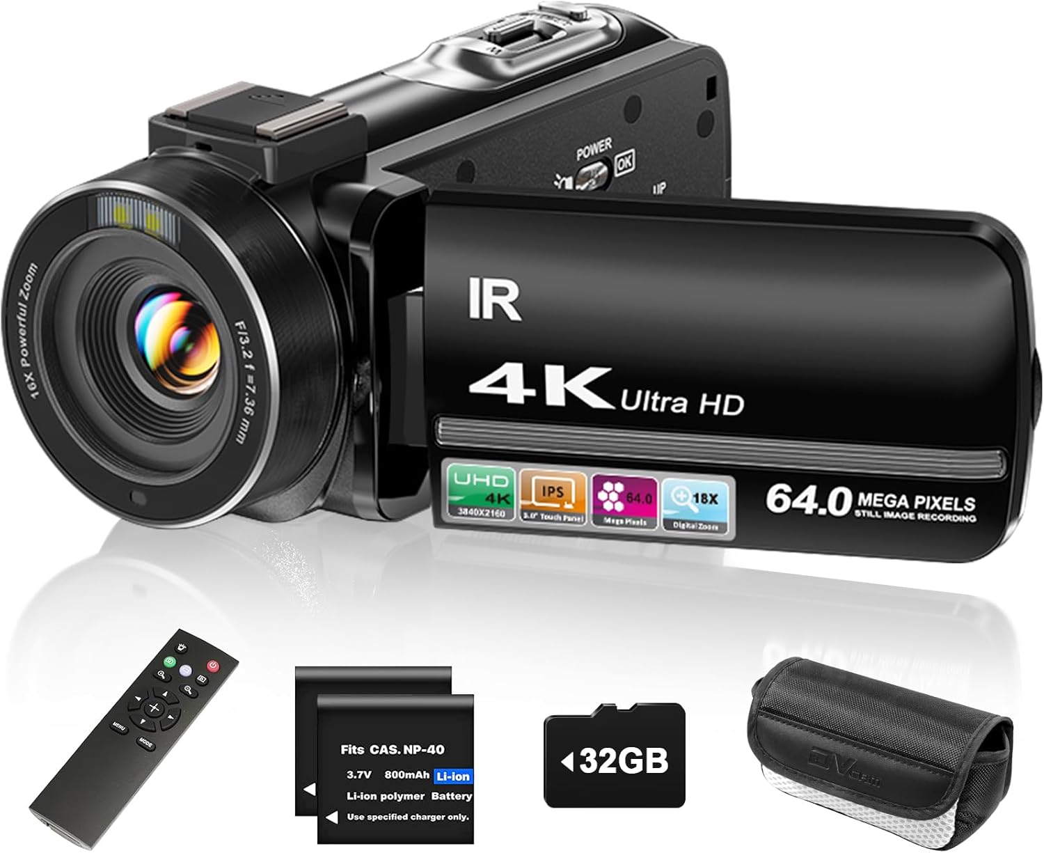 4K Video Camera Camcorder UHD 64MP Vlogging Camera for YouTube 18x Digital Zoom 3″ 270° Rotation IPS Touchscreen Video Camcorder with Night Vision, Remote Control, 32GB Card, 2 Batteries
