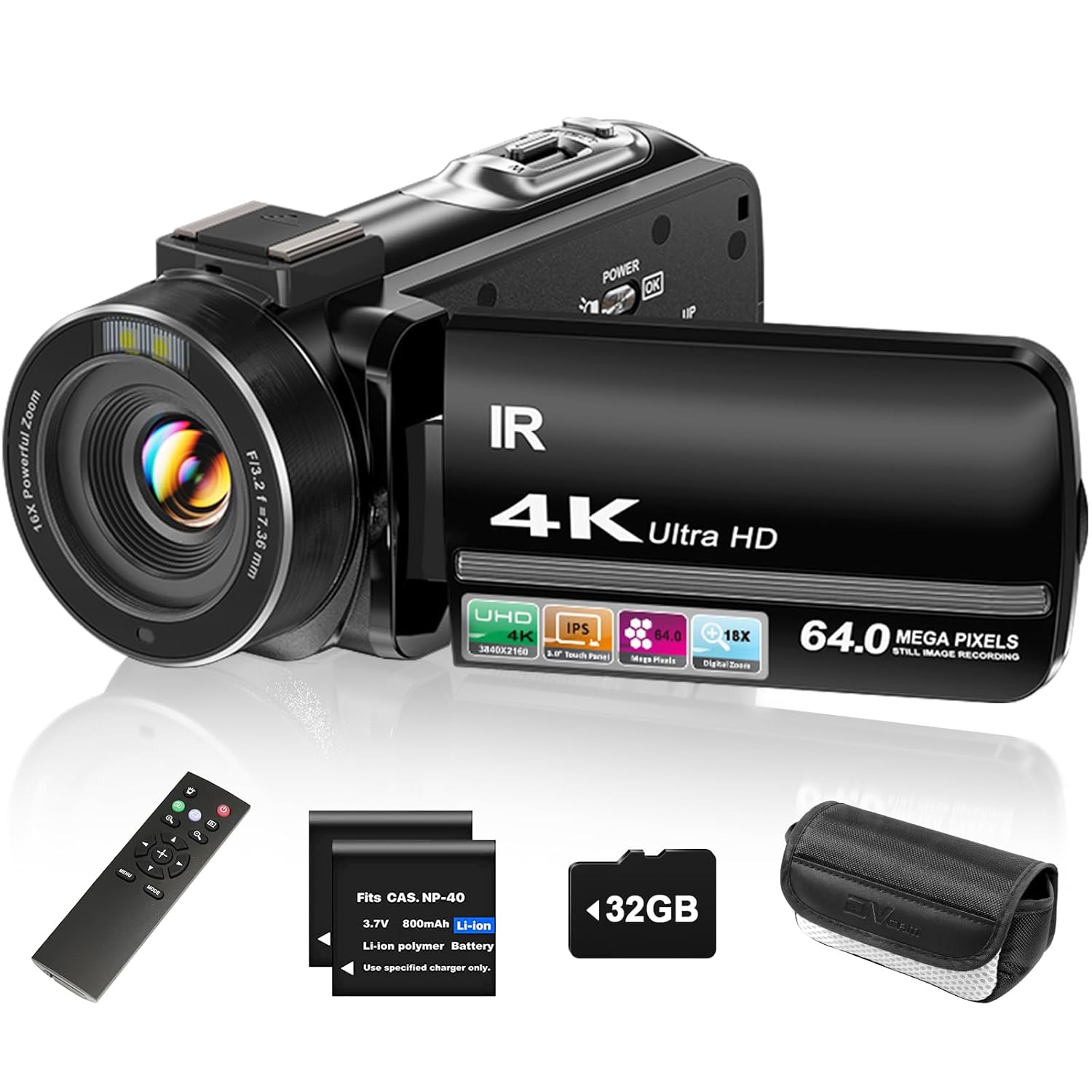 4K Video Camera Camcorder UHD 64MP Vlogging Camera for YouTube 18x Digital Zoom 3 270 Rotation IPS Touchscreen