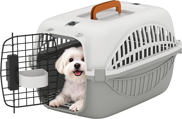 PawHut Plastic Dog and Cat Kennel Hard Sided, Airline Approuvé Pet Carrier pour Mini Chiens et chats, Crate portable avec porte en fil d'acier, Water Bowl, pour voiture, avion, extérieur