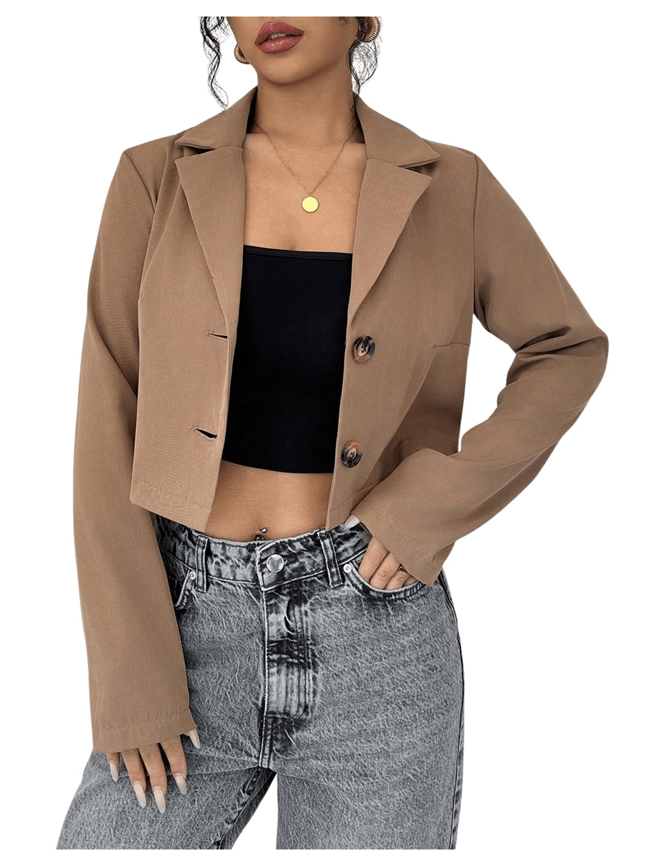 SweatyRocks Womens Button Down Cropped Blazer Long Sleeve Lapel Collar Work Office Jackets
