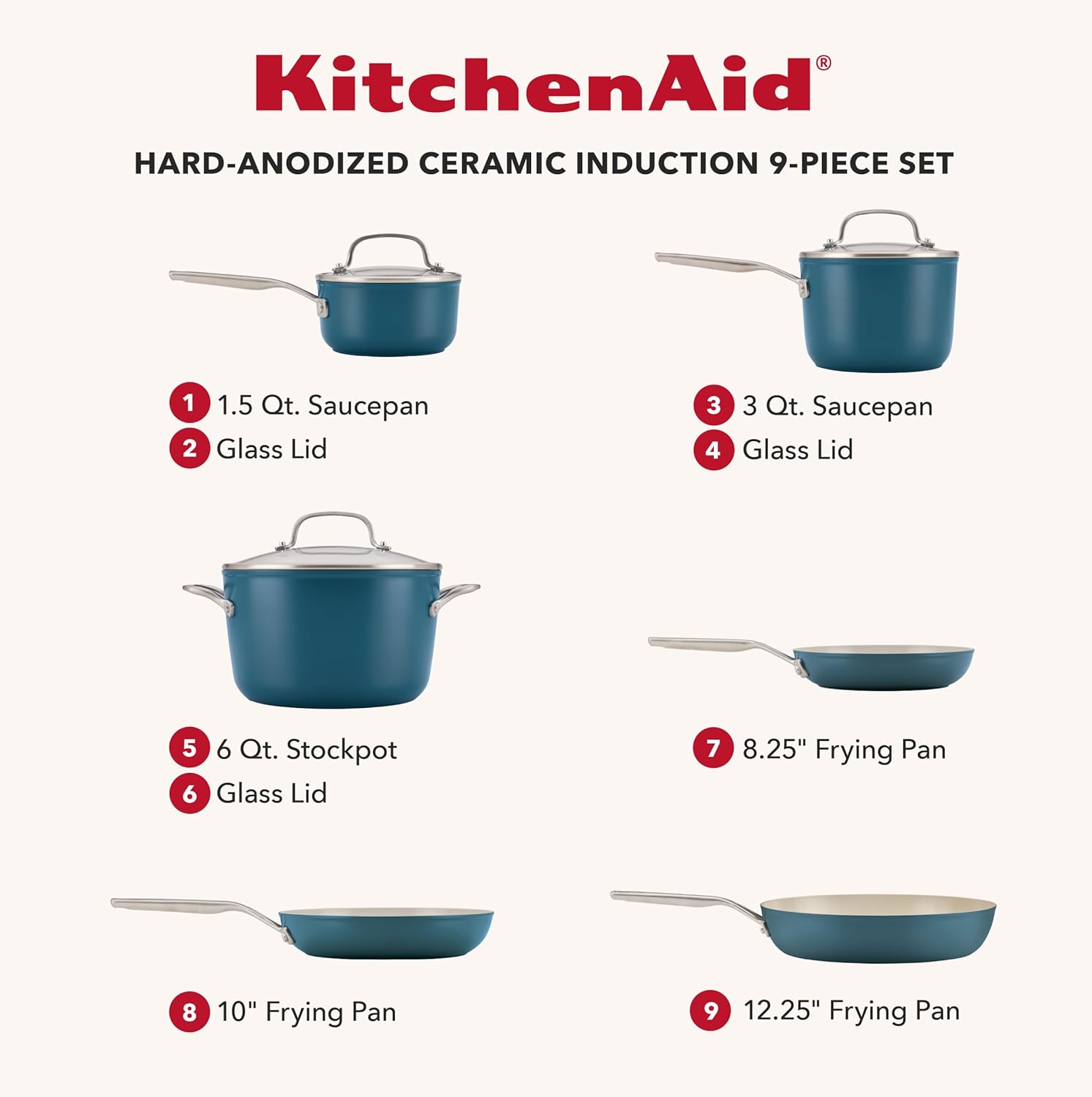 KitchenAid Hard Anodized Ceramic Induction Nonstick Pots and Pans Set with Saucepans, Frying Pans, Stockpot, and Lids, Dishwasher Safe, 9 Piece Cookware Set with Stainless Steel Handles - Agave Blue