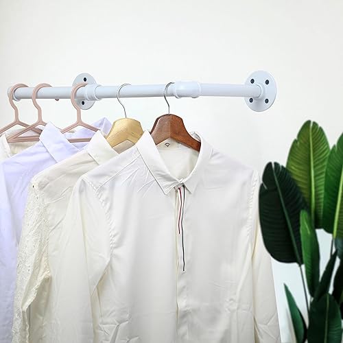 Miniatura 6 de WEBI Perchero de montaje en pared blanco, 24 pulgadas de tubería industrial para colgar ropa, barra de hierro resistente, barra de ropa de