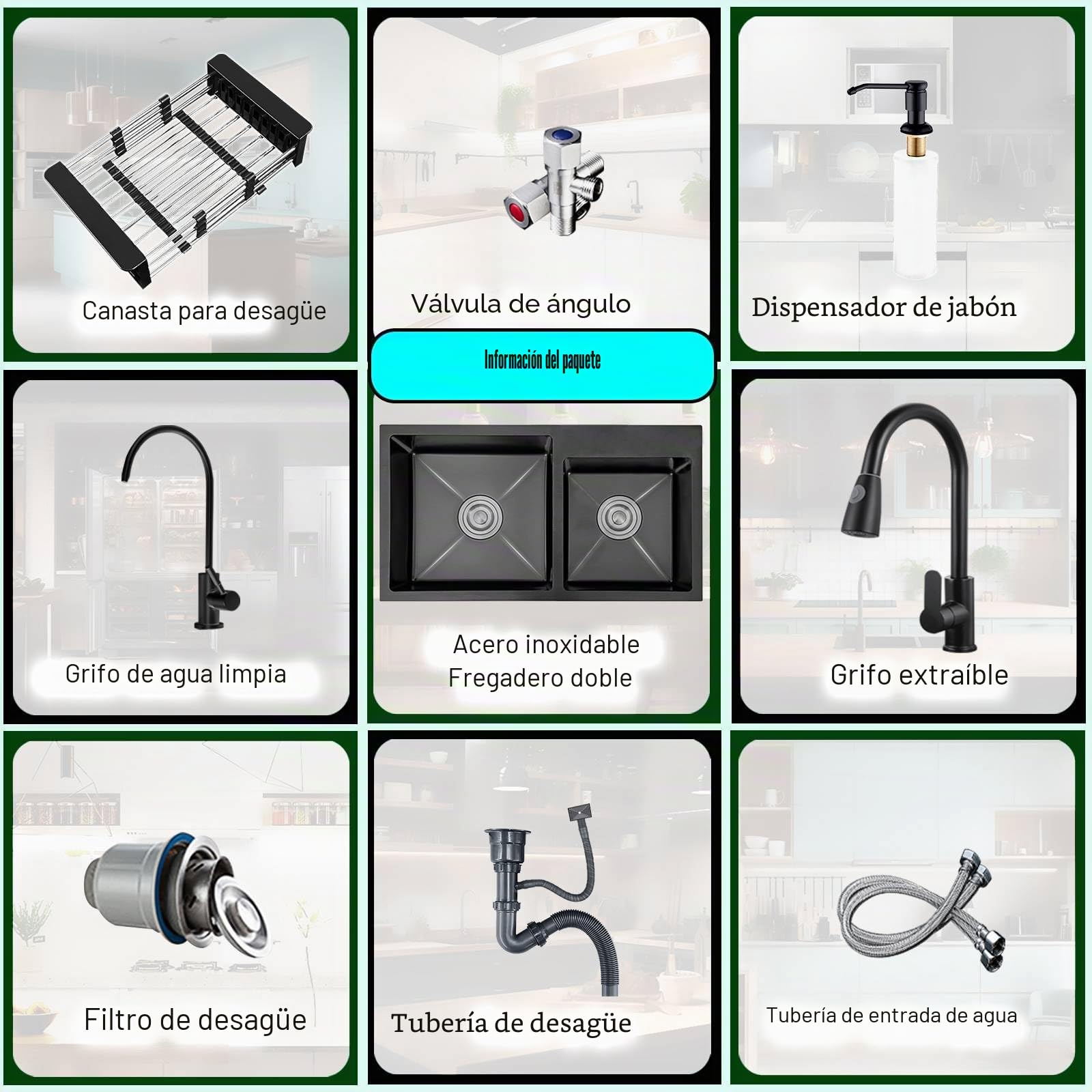 Fregadero cocina 2 seno Fregadero de acero inoxidable Lavabo con Grifo extraíble y accesorios para dispensador de jabón y fregadero. (78 * 43CM, Negro)