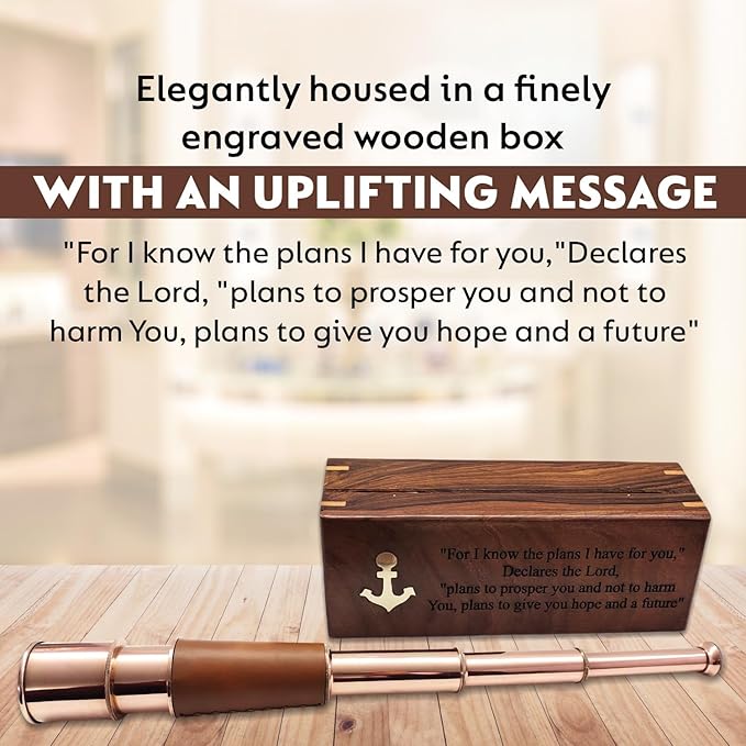 Telescopio Antiguo de Latón de 18 Pulgadas con Caja de Madera Grabada miniatura 7