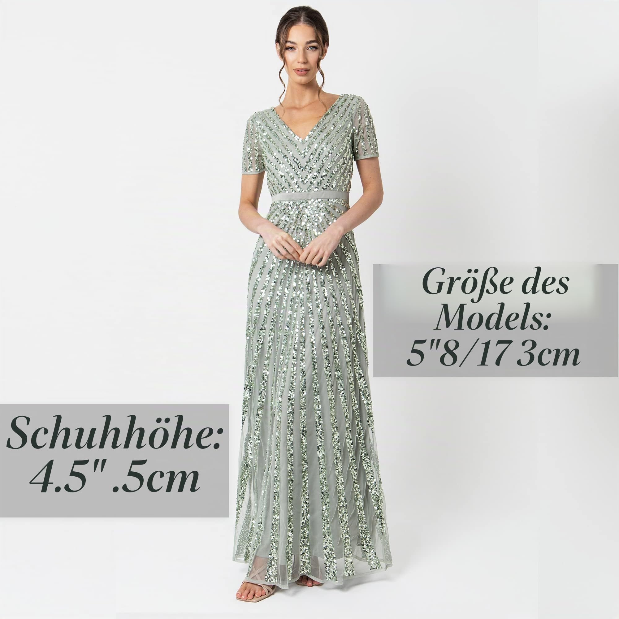 Maya Deluxe Damen Maxi Women's Embellished Sequin Long Short Sleeve V Neck High Empire Waist Cut Shiny Prom We Bridesmaid Dress, Taupe, 36 EU
