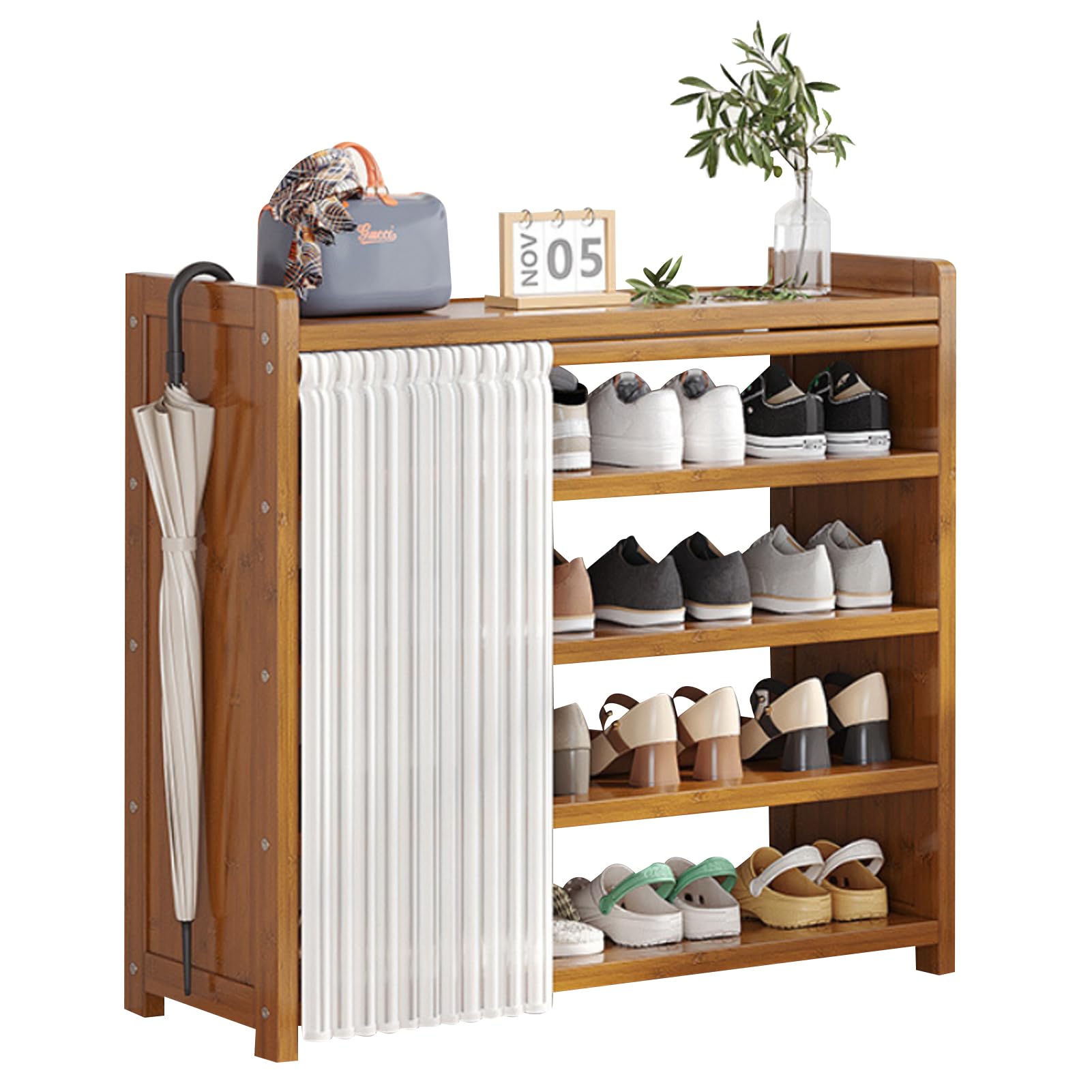 Beauenty Wooden Shoe Rack with Curtain, 5 Layers 80CM Widen Free Standing Shoe Rack, Entryway Shoe Storage Cabinet (5Tiers-80CM)