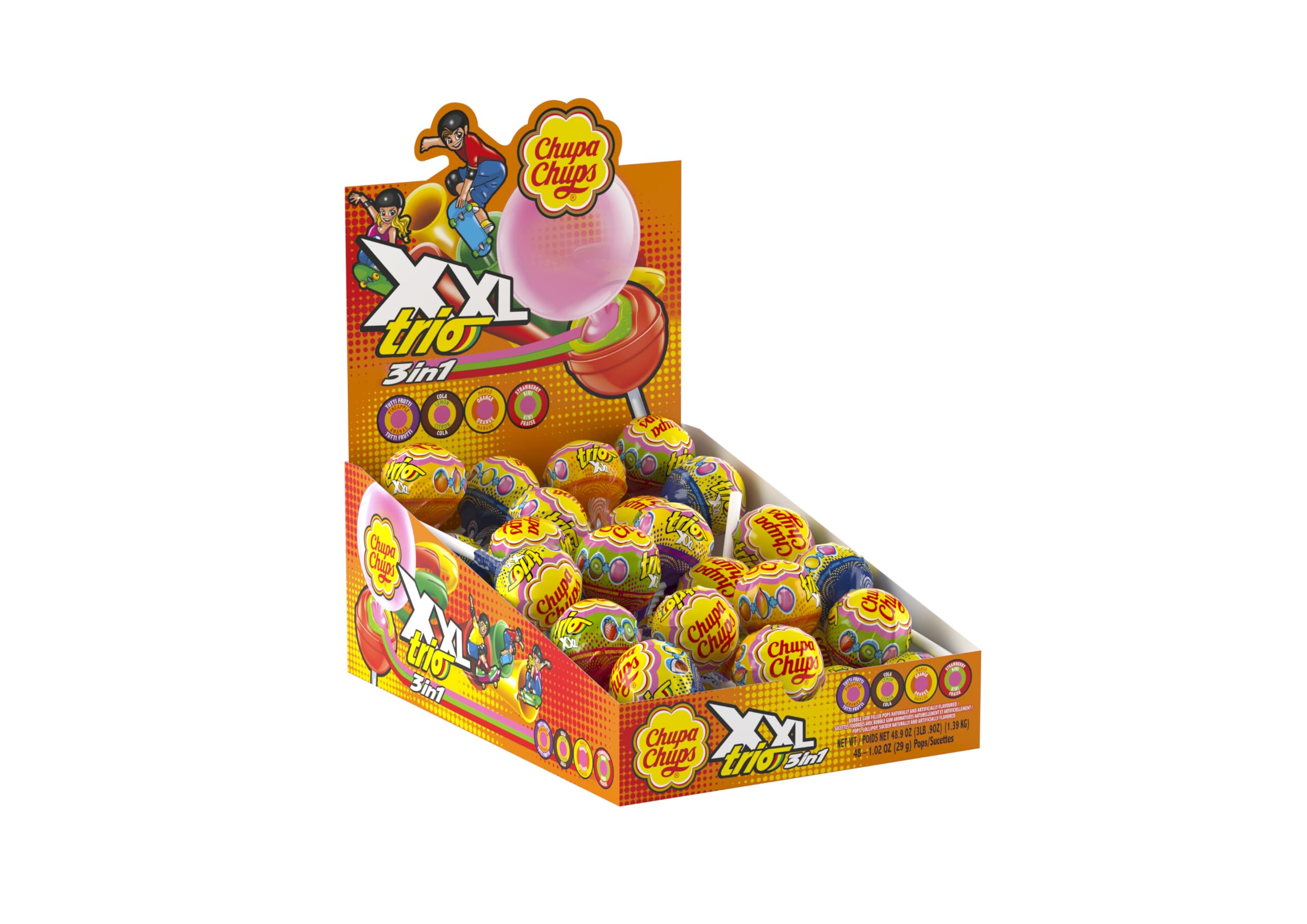 Chupa Chups, XXL Trio, Bubble Gum Filled Lollipops Candy, Box of