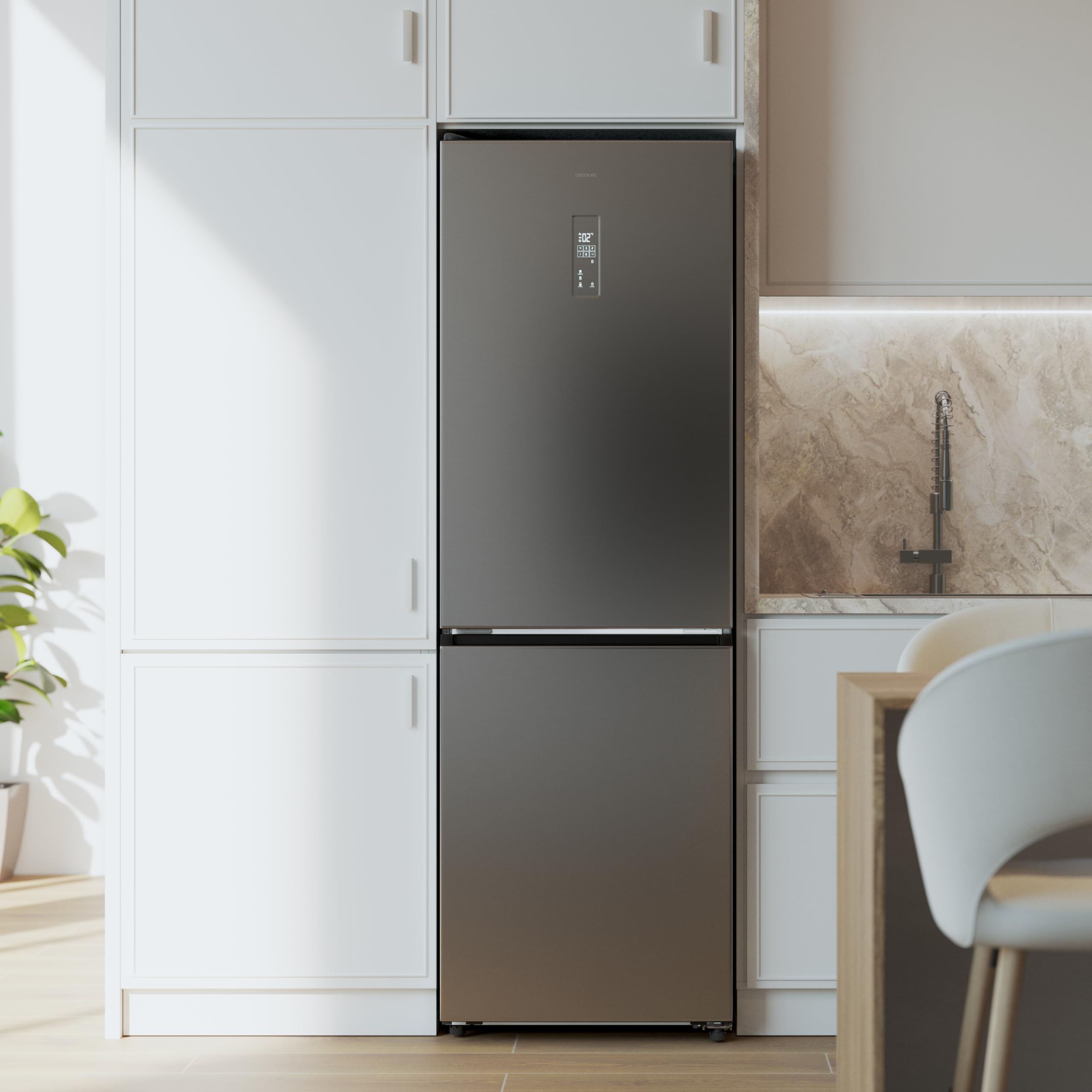 Cecotec Frigorífico Combi 409L Total No Frost Bolero CoolMarket Combi 409 Inox C. Altura 185cm, MAX INSIDE con VIP Tech, Compresor Inverter Plus, Bajo Consumo, Cajón Temperatura Variable, Inox