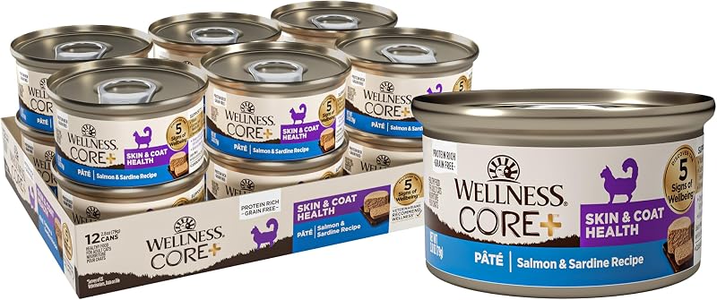Ração úmida para gatos adultos Wellness CORE+ Skin & Coat, patê de salmão e sardinha, sem grãos, 79 g, pacote com 12