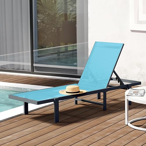 Miniatura 8 de Tumbona de aluminio para exteriores, silla de salón de patio con reclinable ajustable de 5 posiciones y silla de bronceado plana completa para