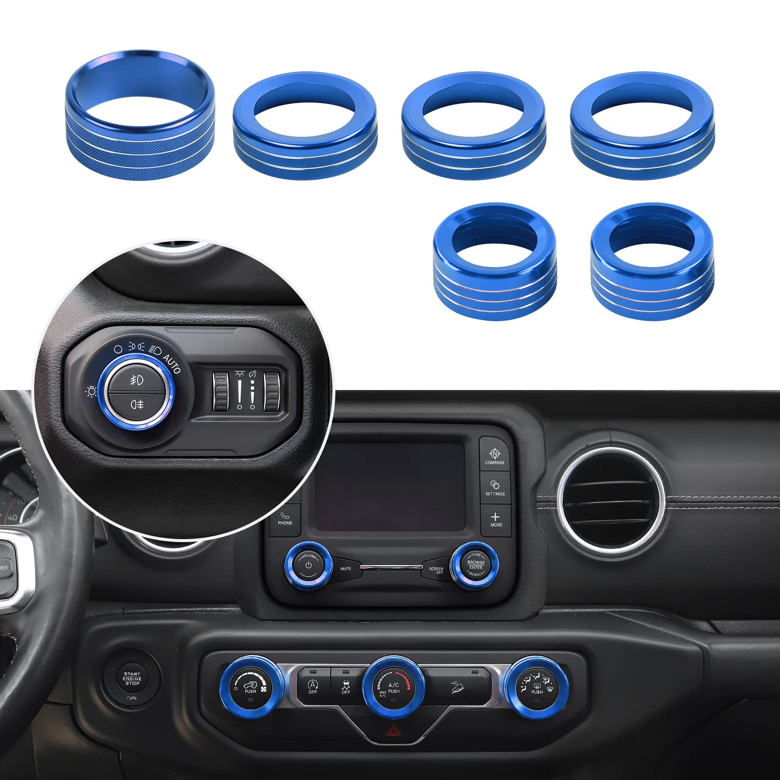 JeCar Console Switch Knob Cover Air Conditioner Headlight Button Trim Aluminum Alloy Interior Accessories Compatible with Jeep Wrangler JL JLU 2018-