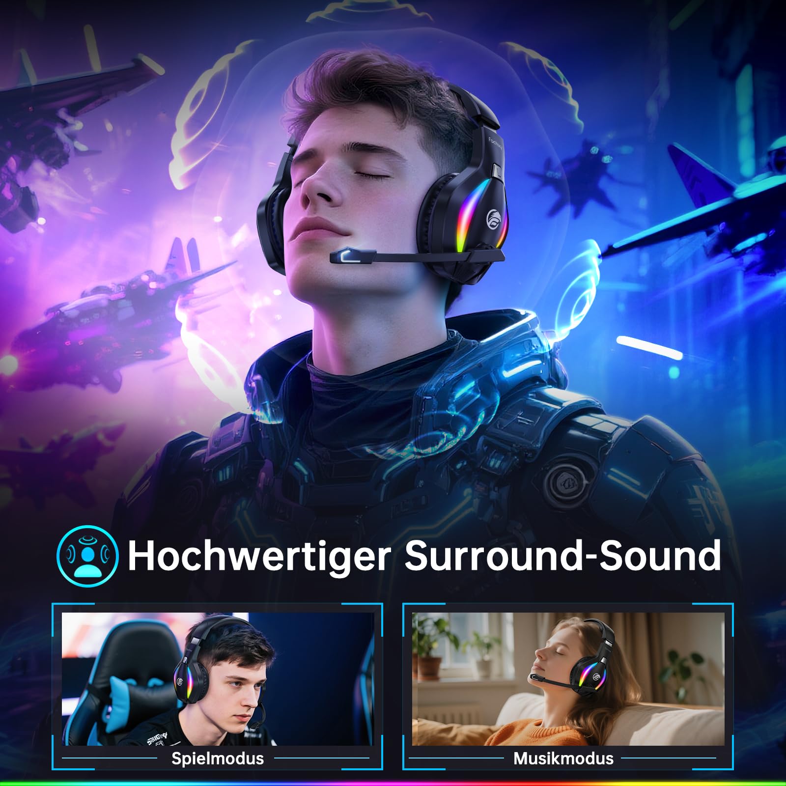 Fachixy Gaming Headset Wireless für PS5, PS4, PC, Mac, Laptop Switch Mobile, 2.4GHz Geringe Latenz Und Bluetooth, Kabelloses kopfhörer mit Mikrofon Immersive Stereo Sound, 50H Akku, RGB Beleuchtung