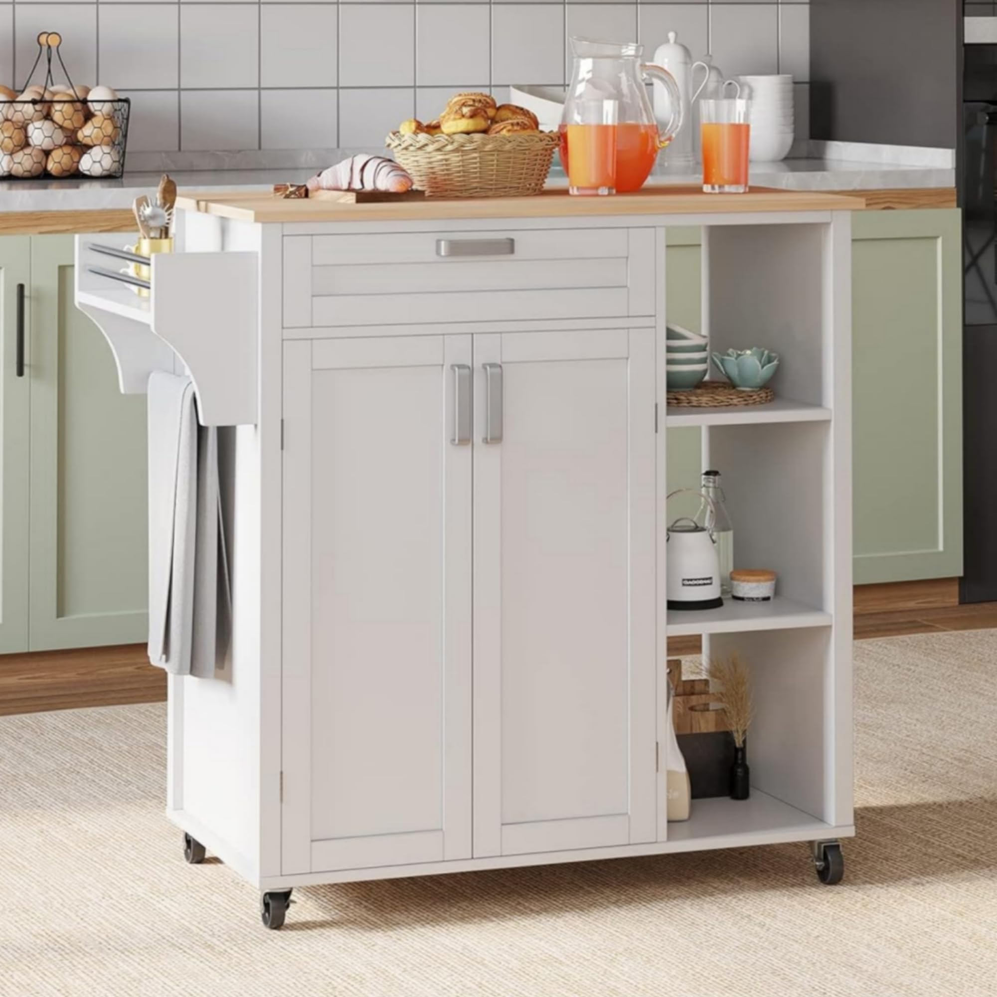 FTLFKT-1017 YITAHOME Kitchen Island with Storage, Mobile Kitchen Island Cart, Wood Rolling Island with Adjustable Shelves, Drawers, Spice Rack and Towel Rack for Kitchen, Dining Room, White