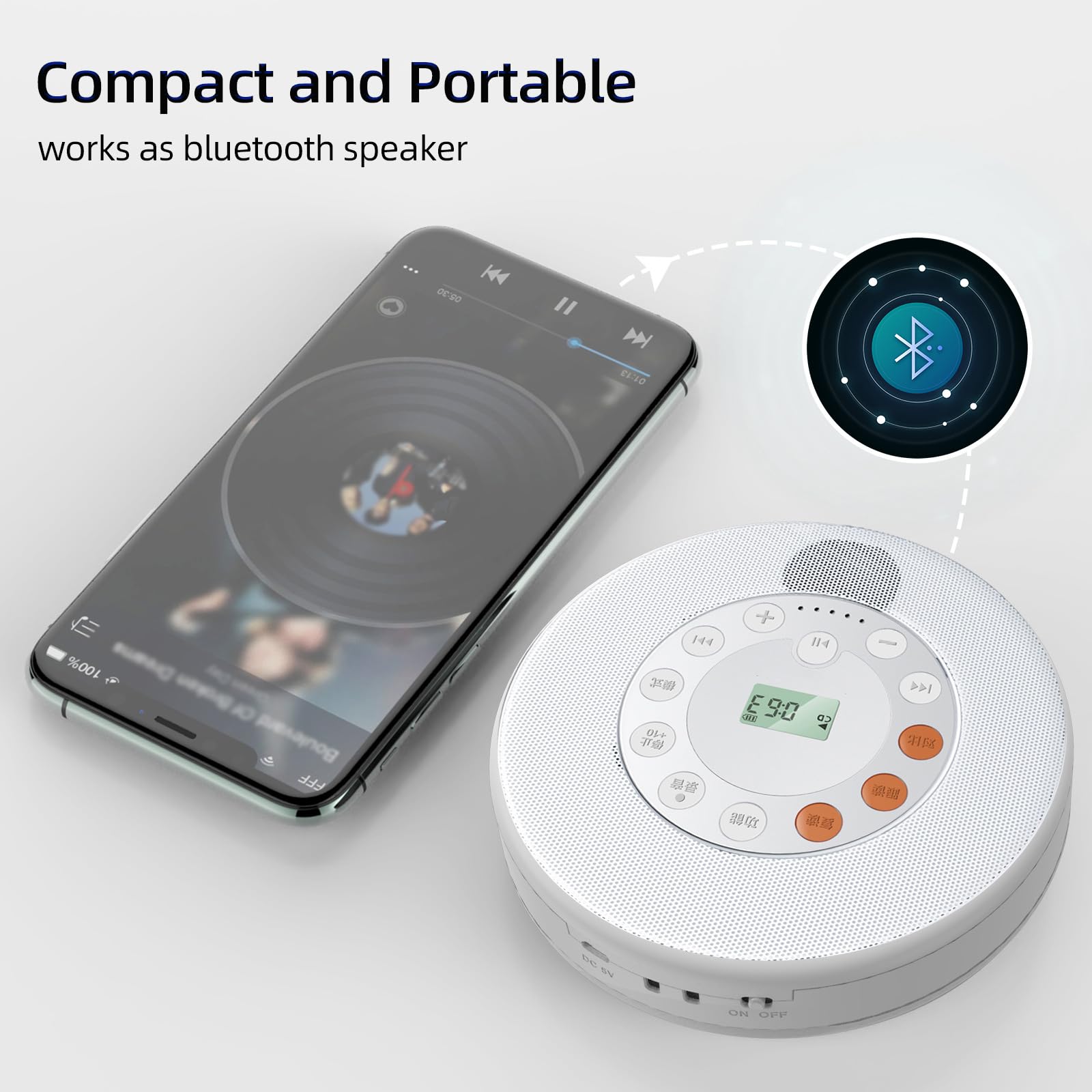 Lettore CD Bluetooth Portatile, Lettore CD Bluetooth Portatile Ricaricabile, Boombox Audio Domestico con Altoparlante Stereo e Display LCD, Lettore CD Musicale Compatto Ricaricabile per Auto/Viaggio