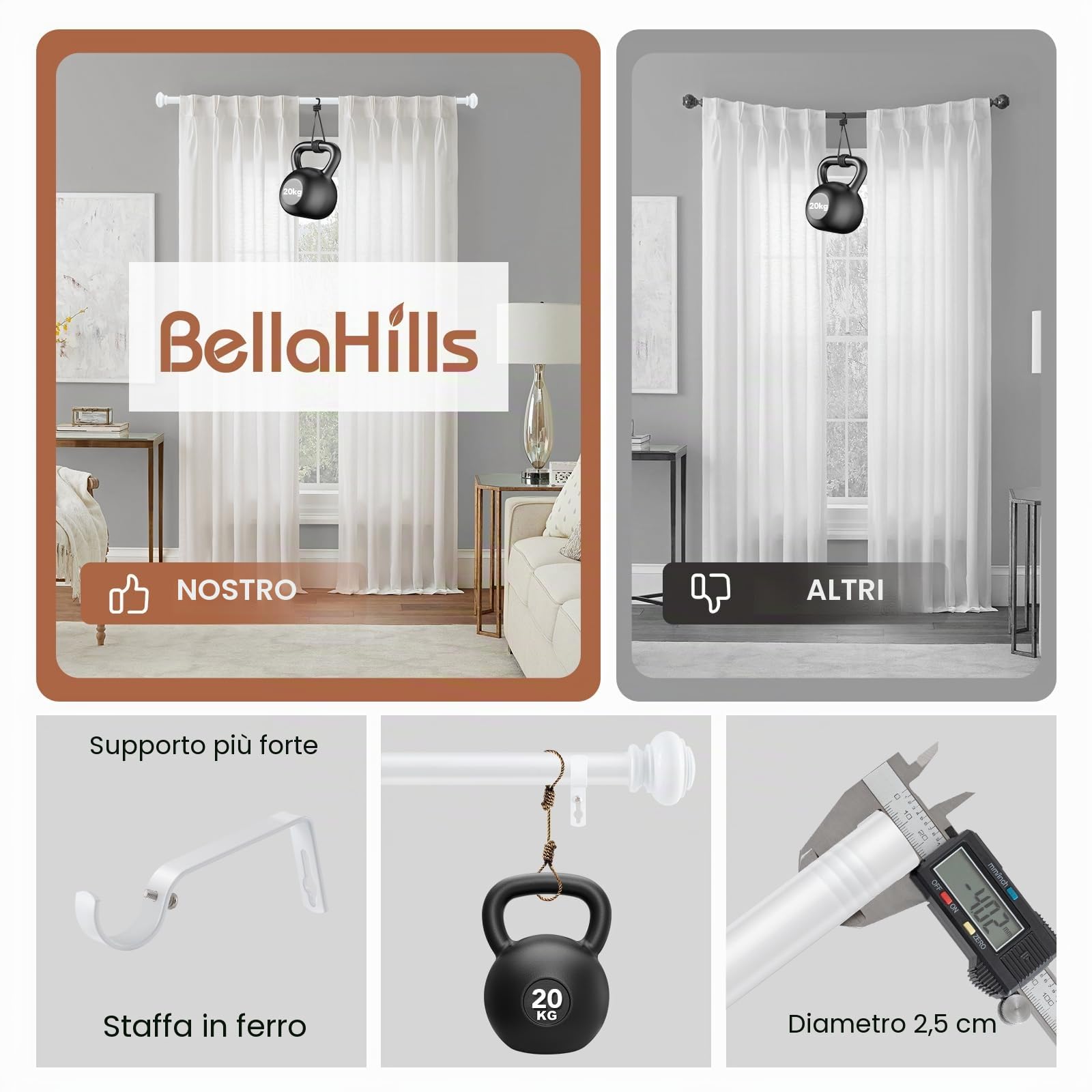 BellaHills 2 Pezzi Bastone per Tenda, 76-230 cm Aste per Tende per Finestra con Coperchio e Staffe Set, Bastone per Tende Regolabile di Diametro 25mm per Camera da Letto, Bianco